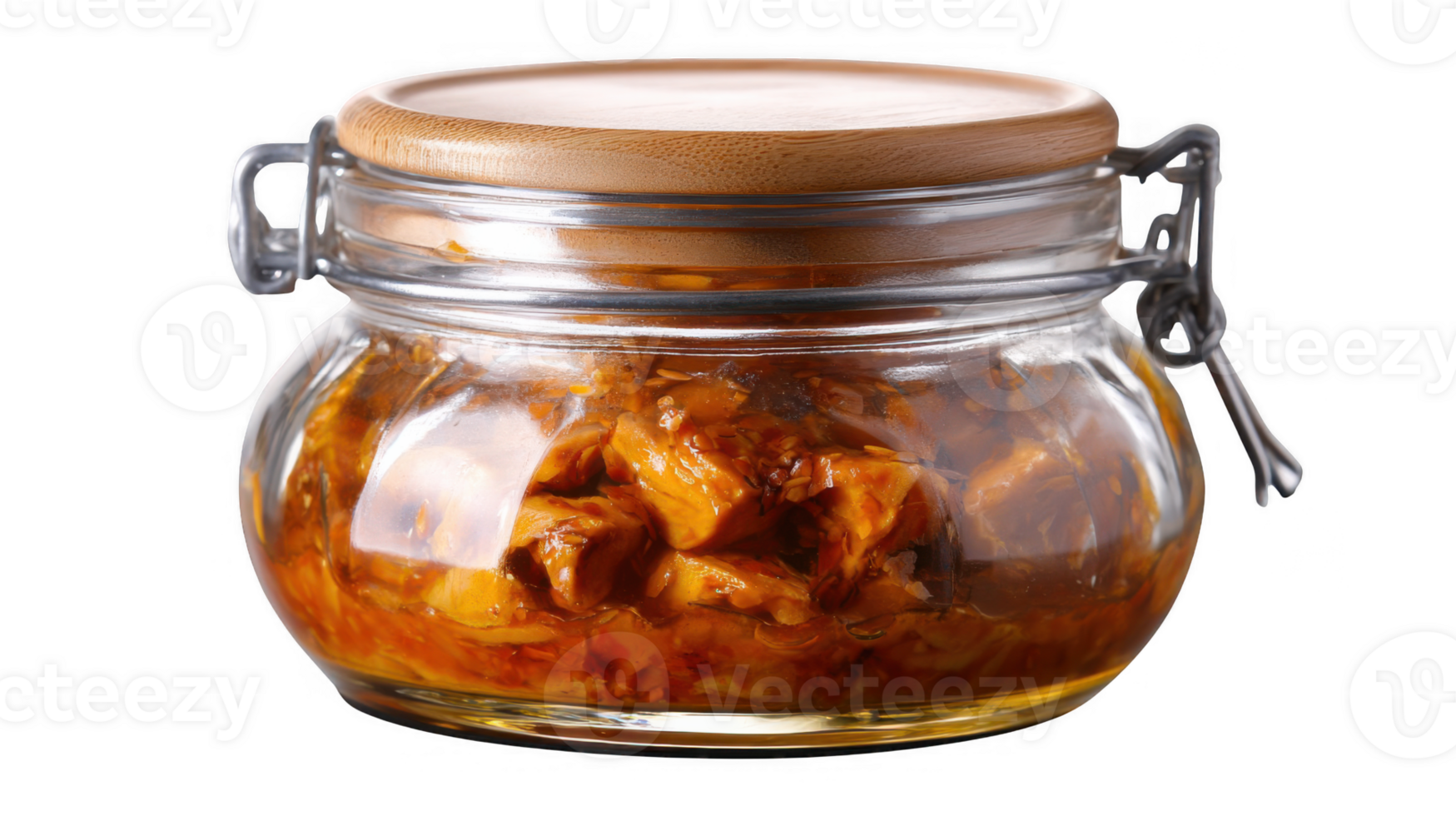 Glass jar preserving seasoned chicken in transparent background png