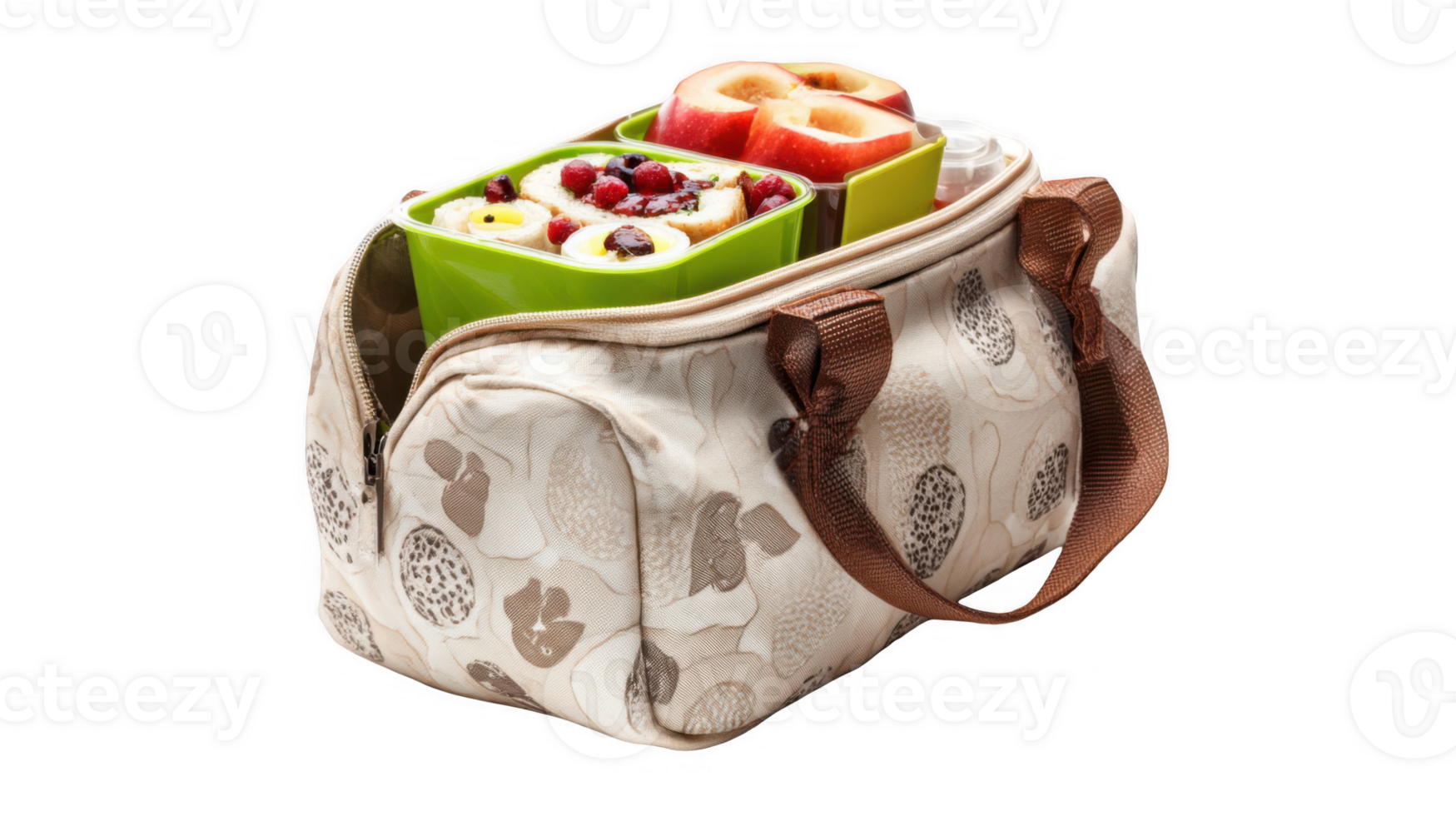 Lunch bag containing sandwich, berries, and apple slices on transparent background png