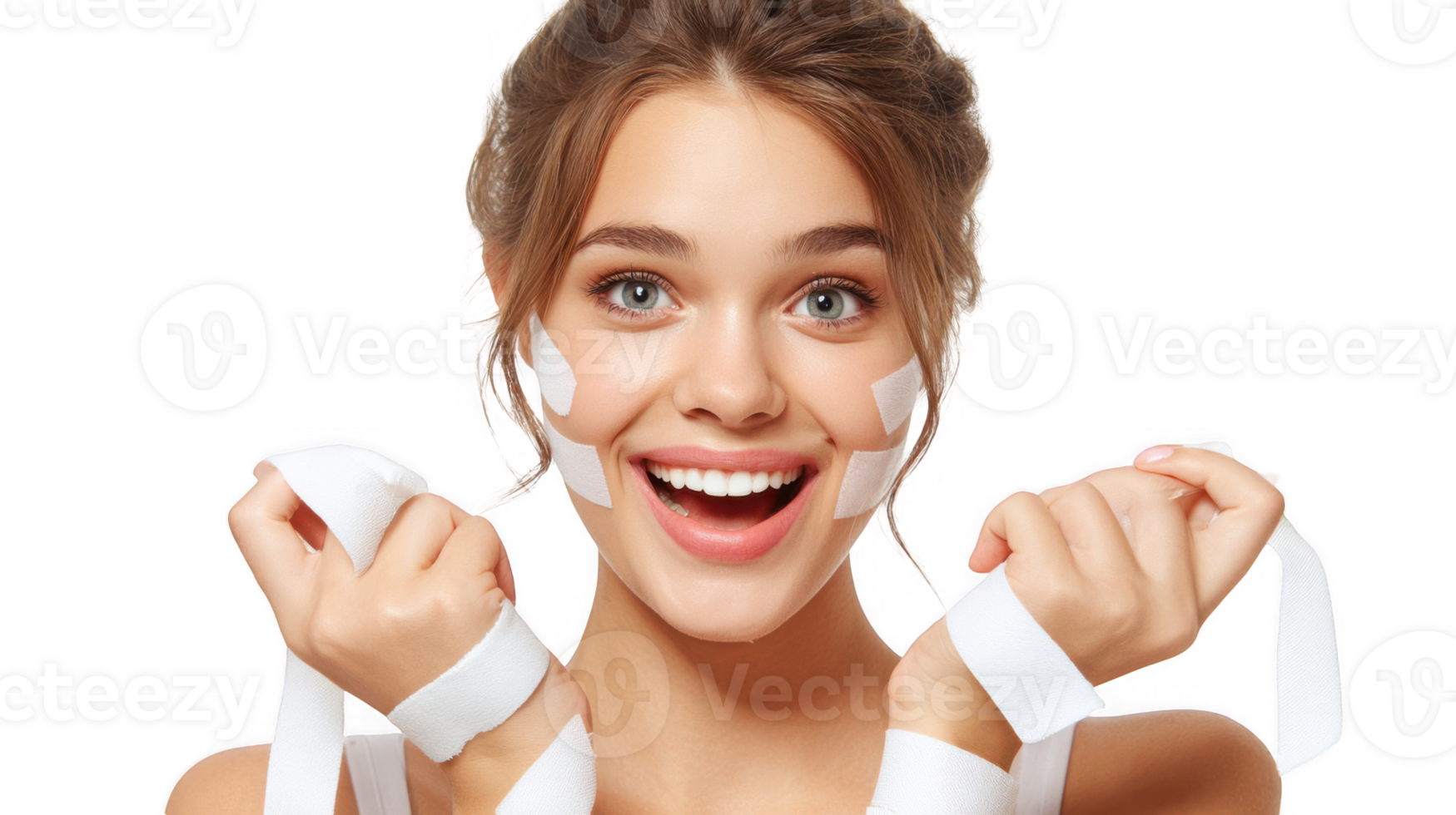 Smiling model showing perfect skin after beauty treatment with transparent background png