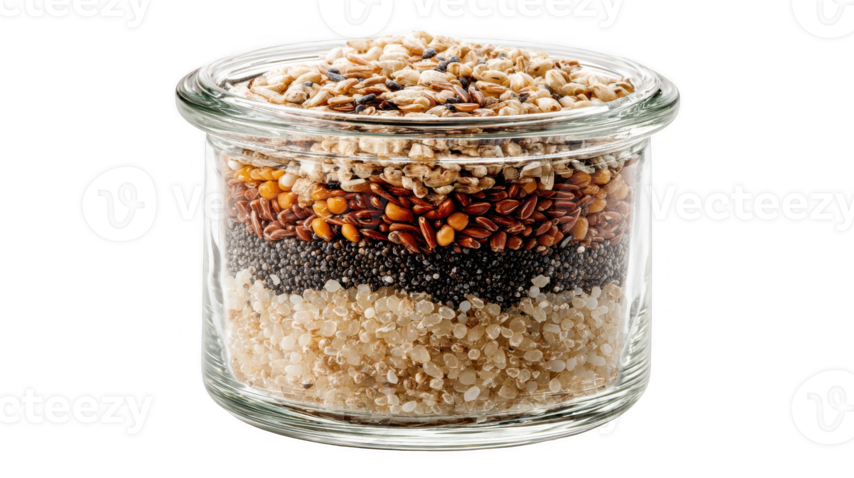 Glass jar filled with variety of grains and seeds on transparent background png