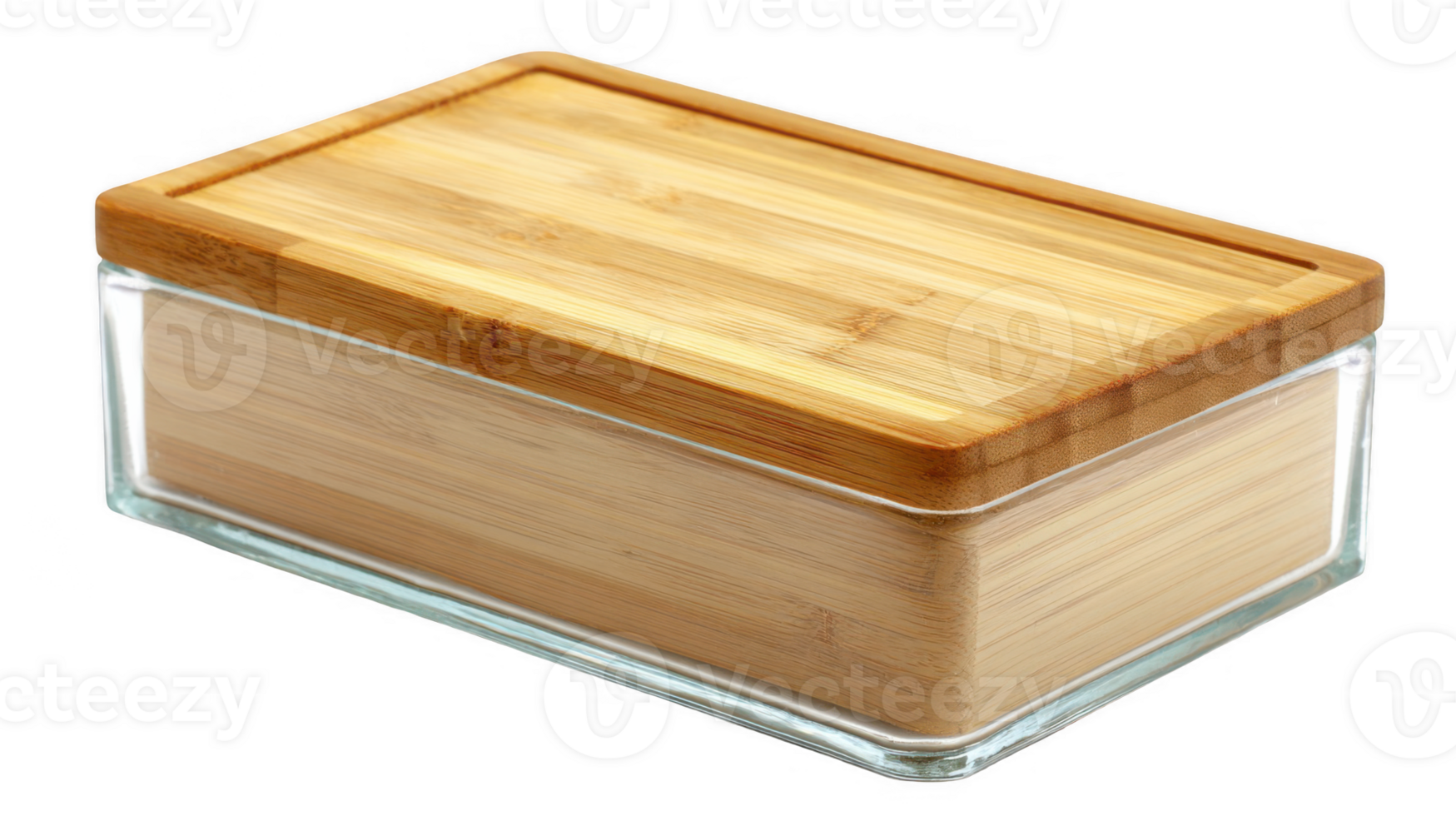 Rectangular glass box with smooth bamboo lid on transparent background png
