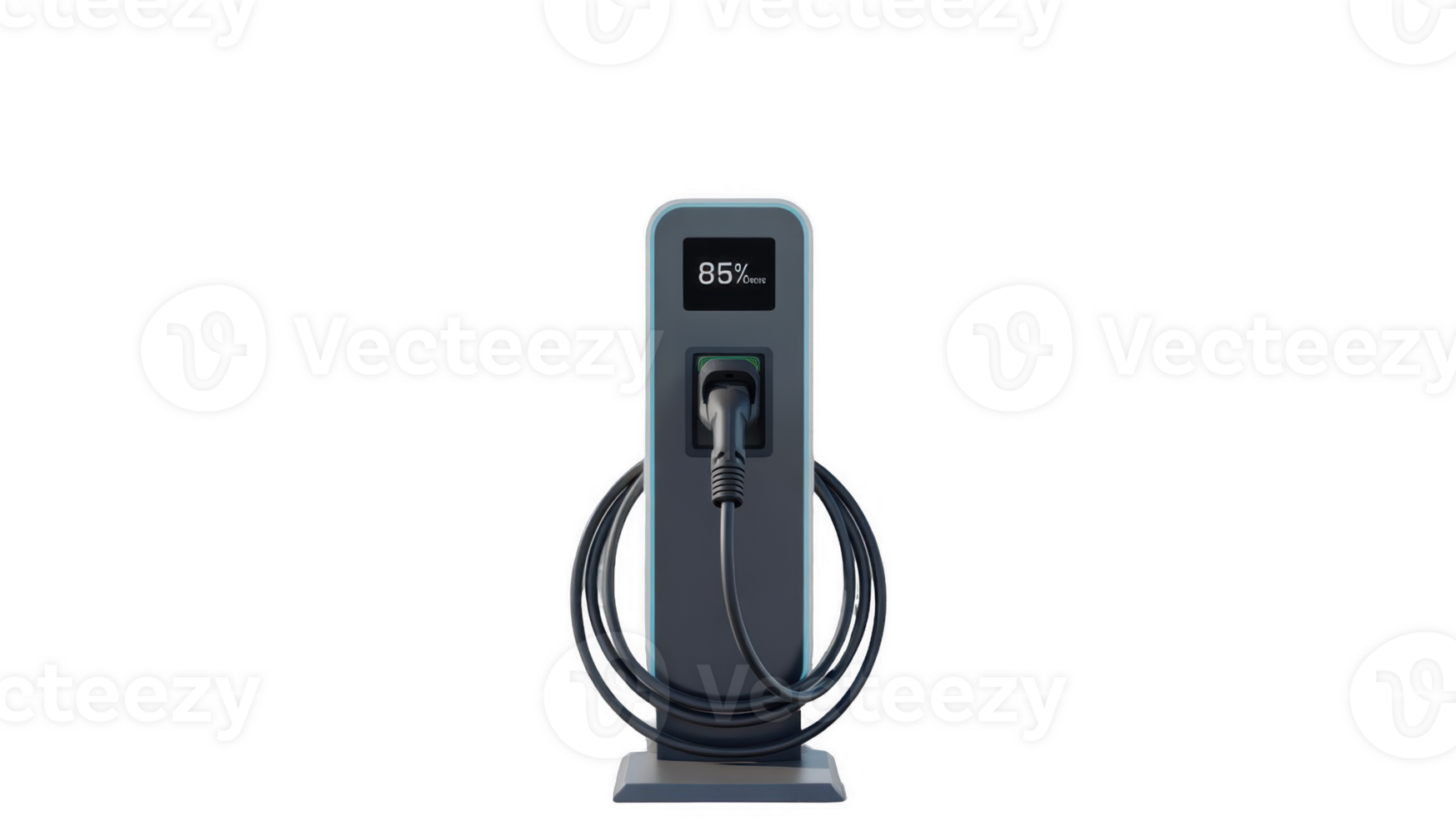 Electric vehicle charging station showing 85 percent charge on transparent background png