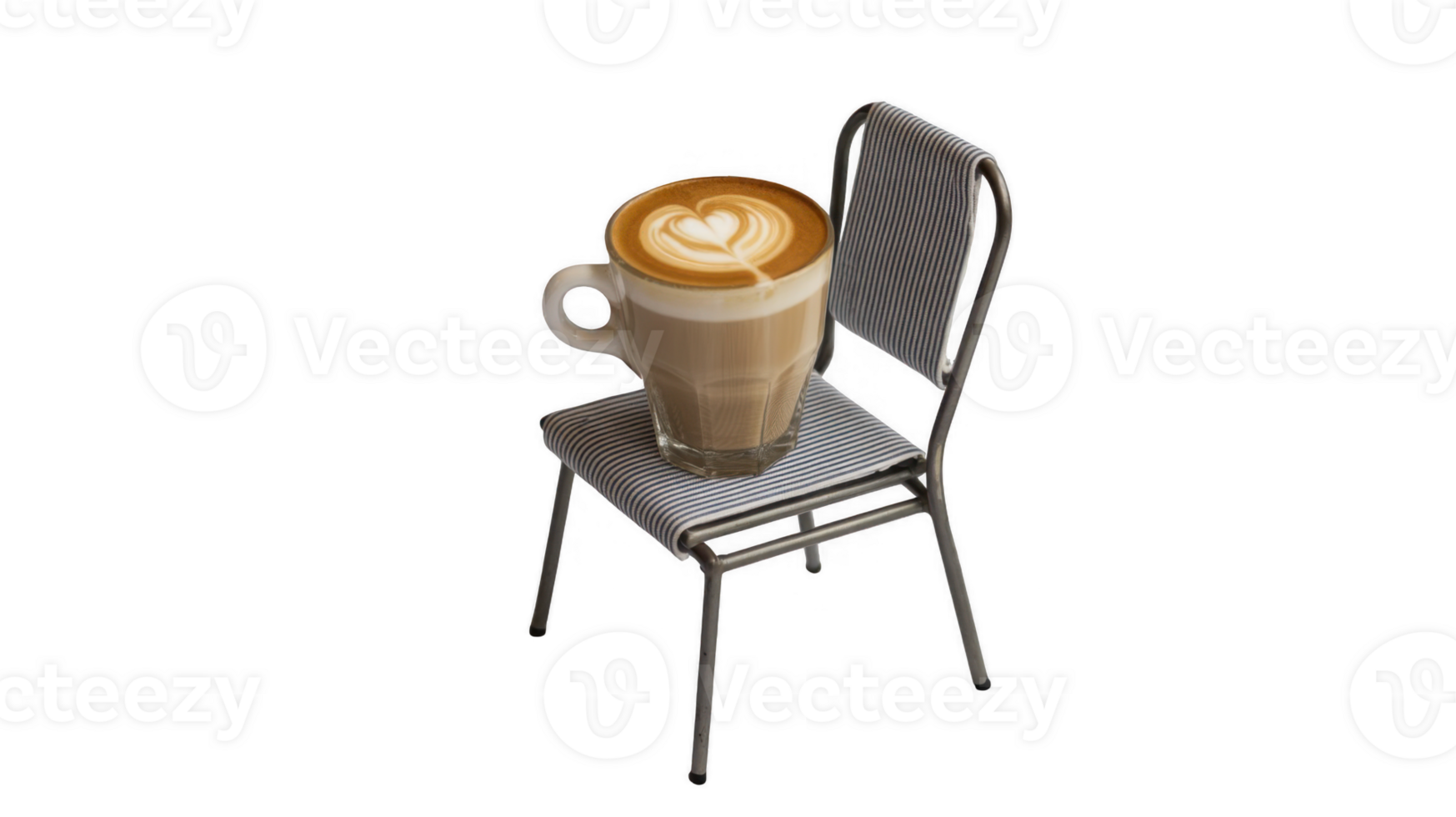 Cappuccino with latte art resting on miniature chair, transparent background png