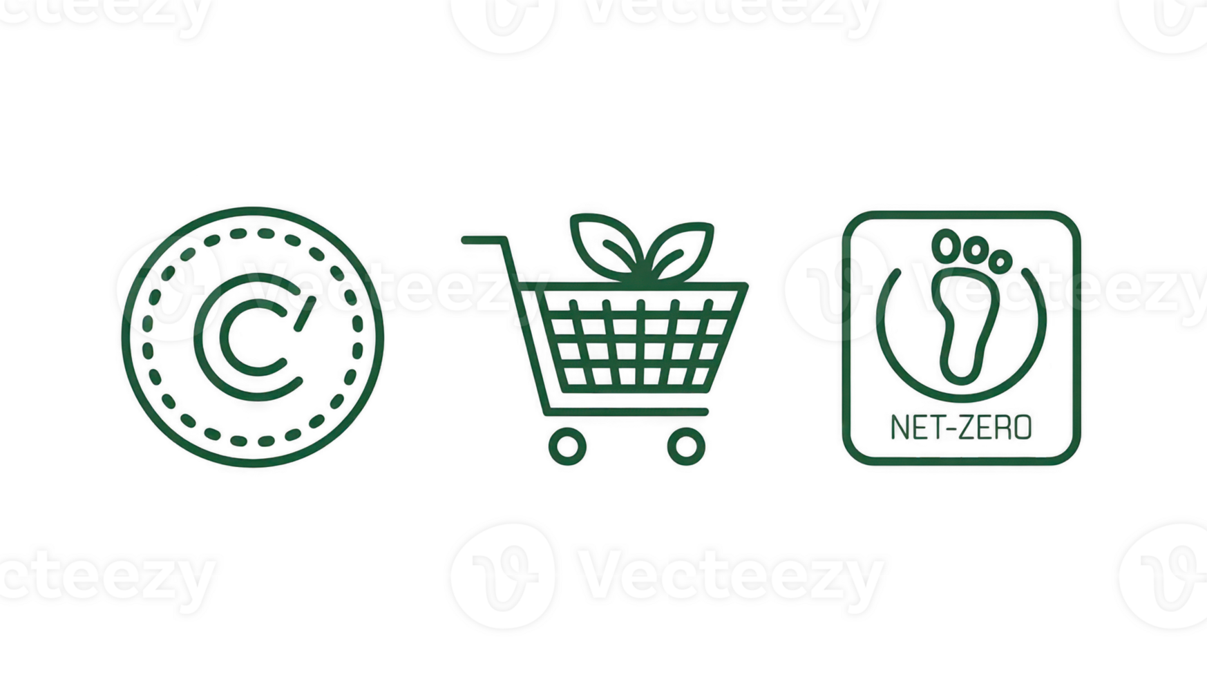 Copyright, sustainable shopping and net zero emissions icons on transparent background png