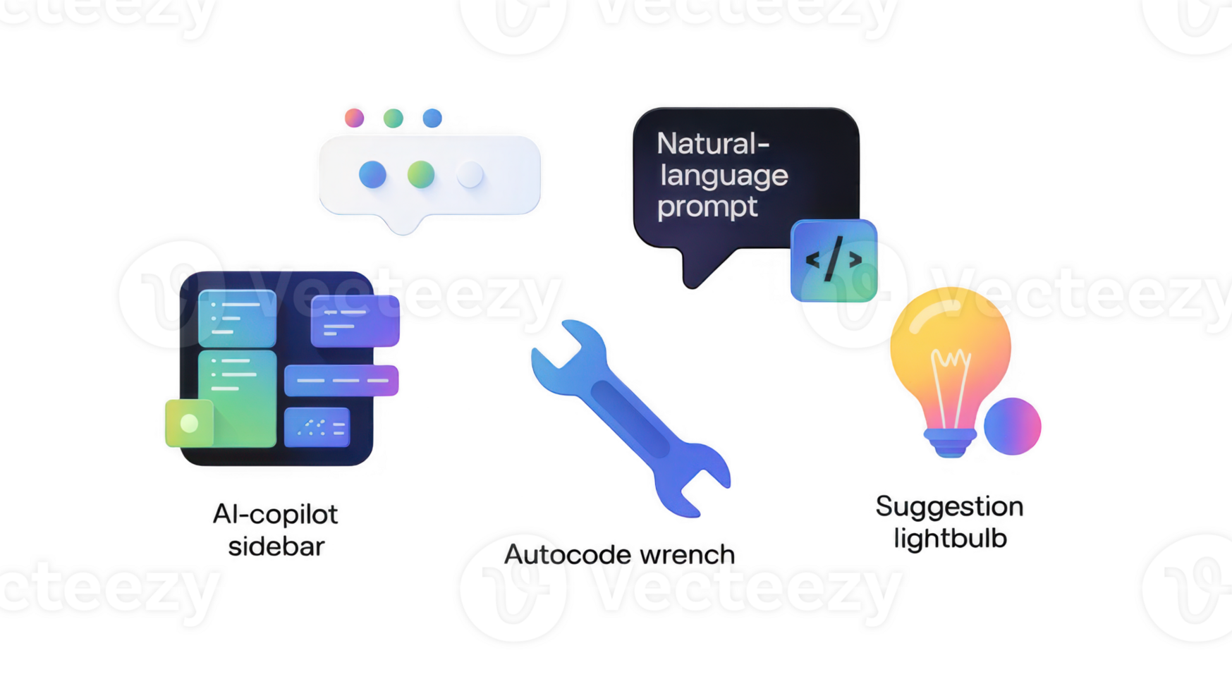 Ai powered coding assistant, sidebar, prompt, wrench, and lightbulb icons on transparent background png