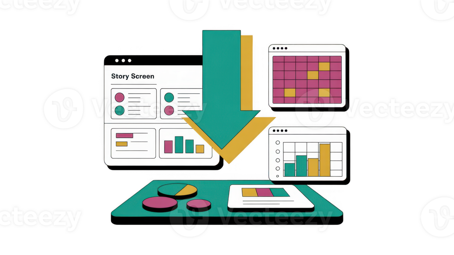 Data analysis and visualization, downloading reports with charts and graphs on transparent background png