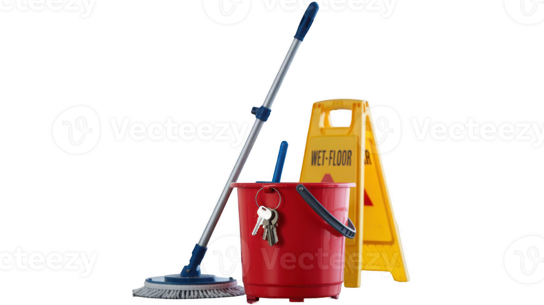 Cleaning supplies with wet floor sign on transparent background png