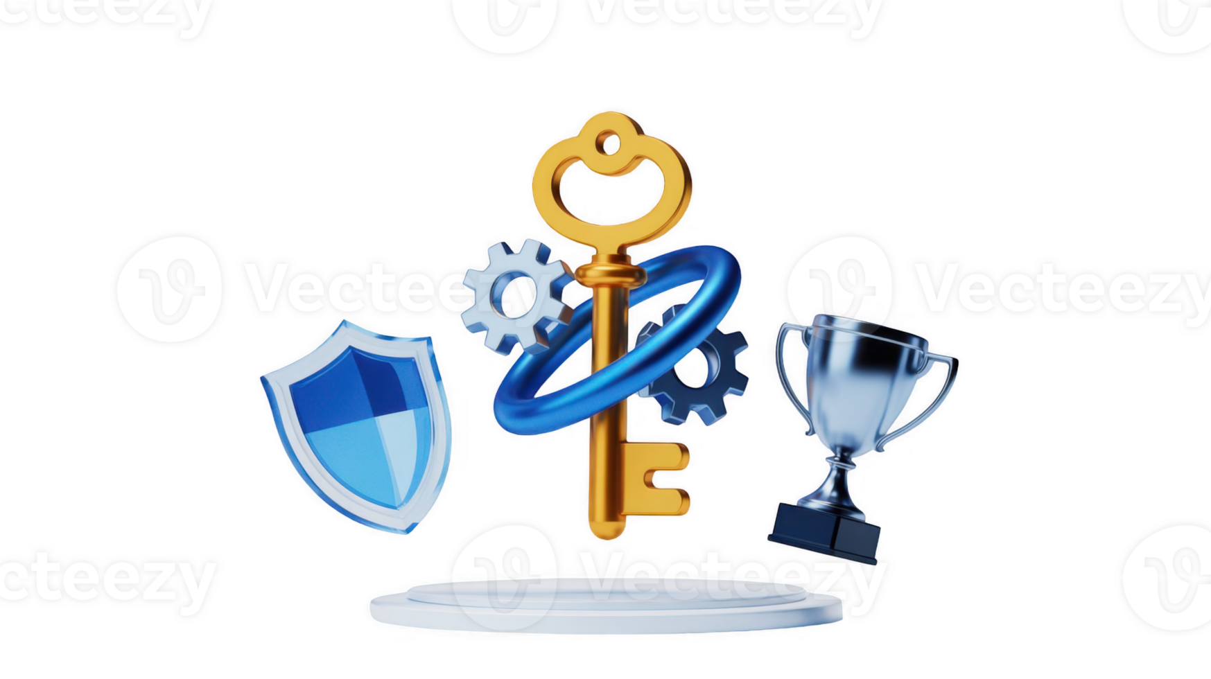 Golden key unlocking success with shield, gears, trophy, and transparent background png