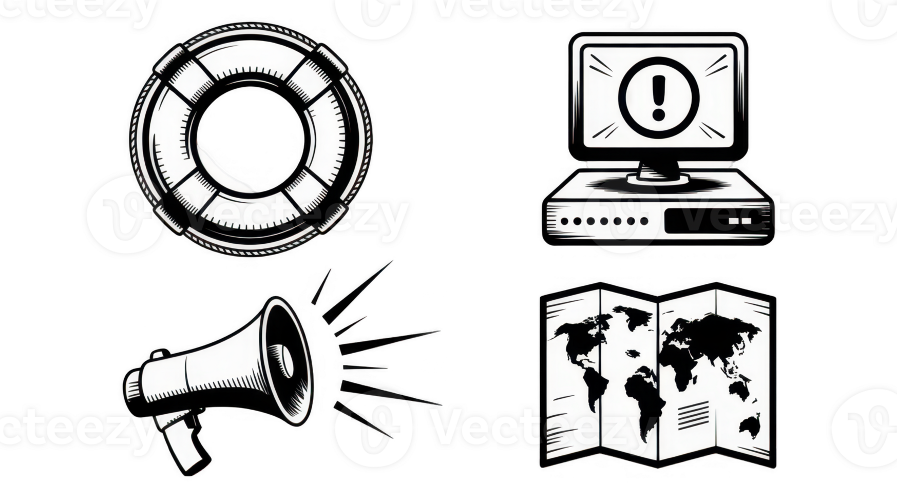 Lifebuoy, megaphone, computer with alert and world map showing travel safety and communication png