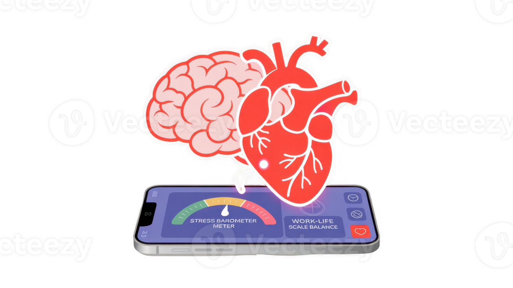 Smartphone monitoring stress, heart rate, and work life balance with brain and heart icons on transparent background png