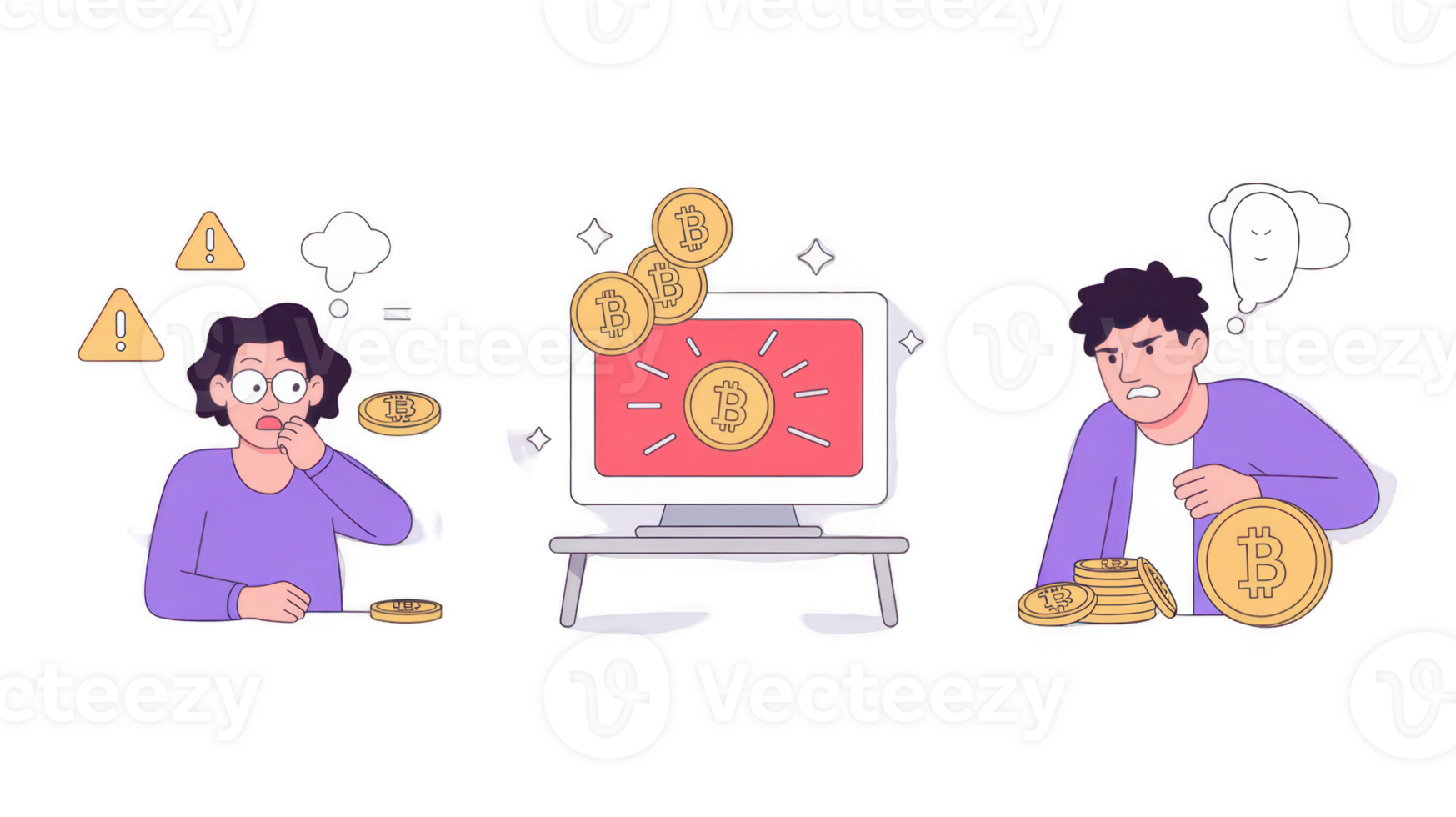 Worried and angry investors experiencing cryptocurrency volatility on transparent background png