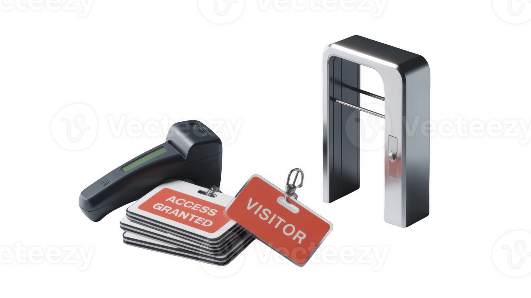 Turnstile, visitor badge, scanner and access granted badges on transparent background png