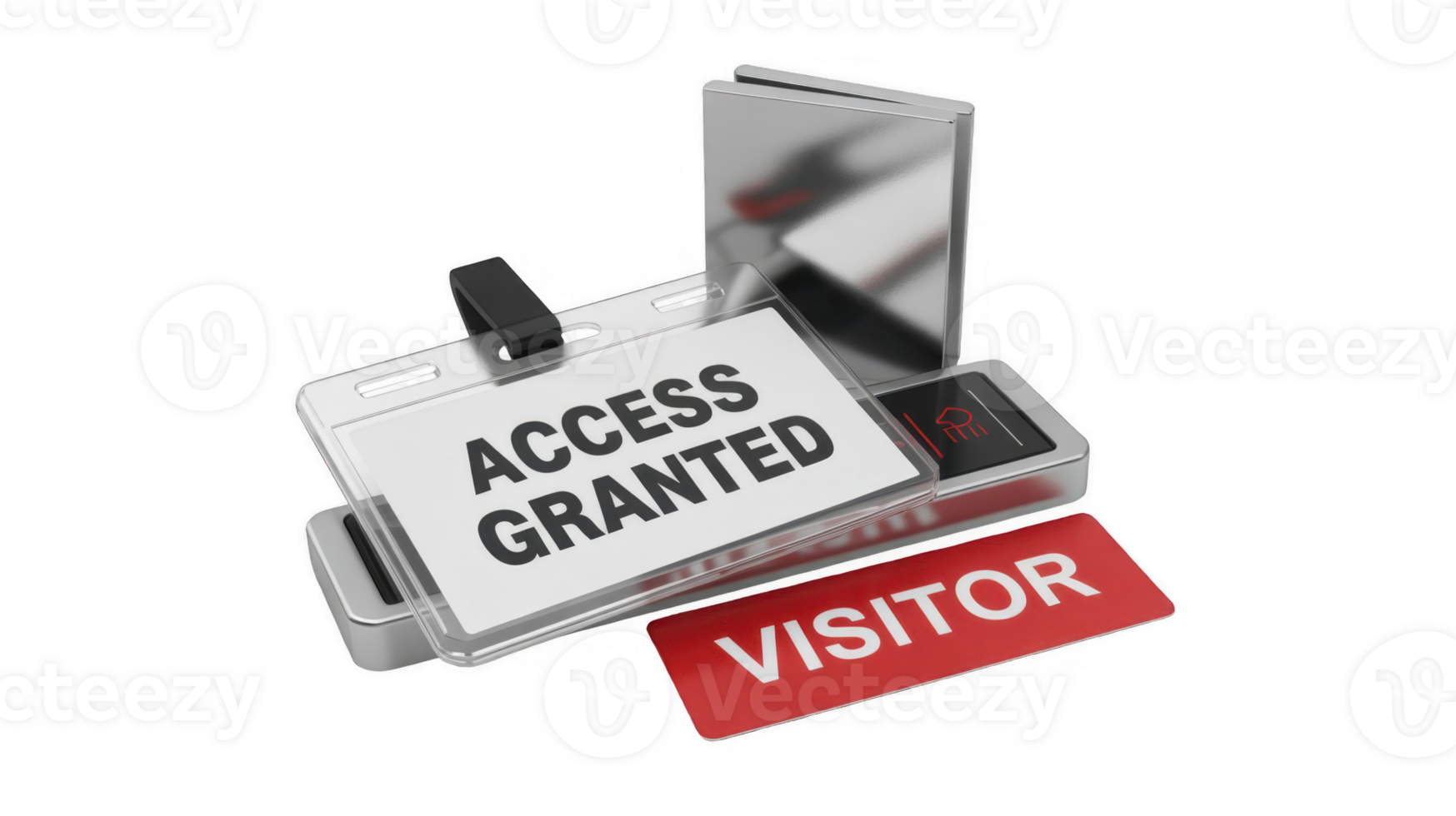 Visitor badge showing access granted status next to a security device png