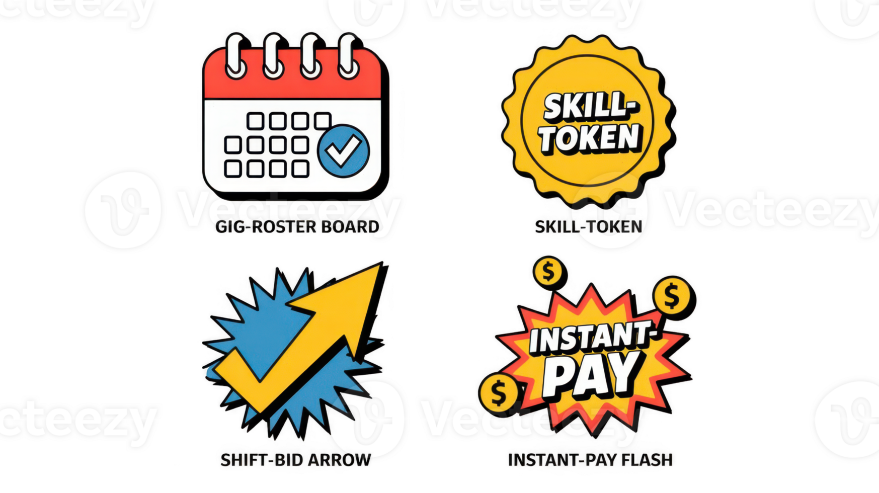 Gig economy icons representing skill token, roster, bidding and instant pay with transparent background png