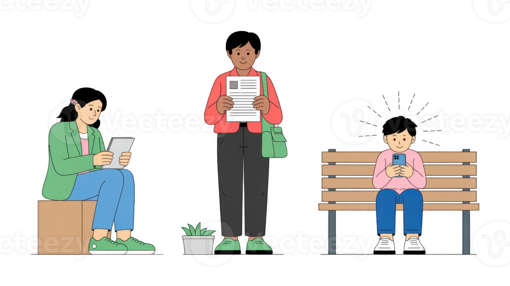 People using electronic devices and holding a resume, waiting for a job interview png
