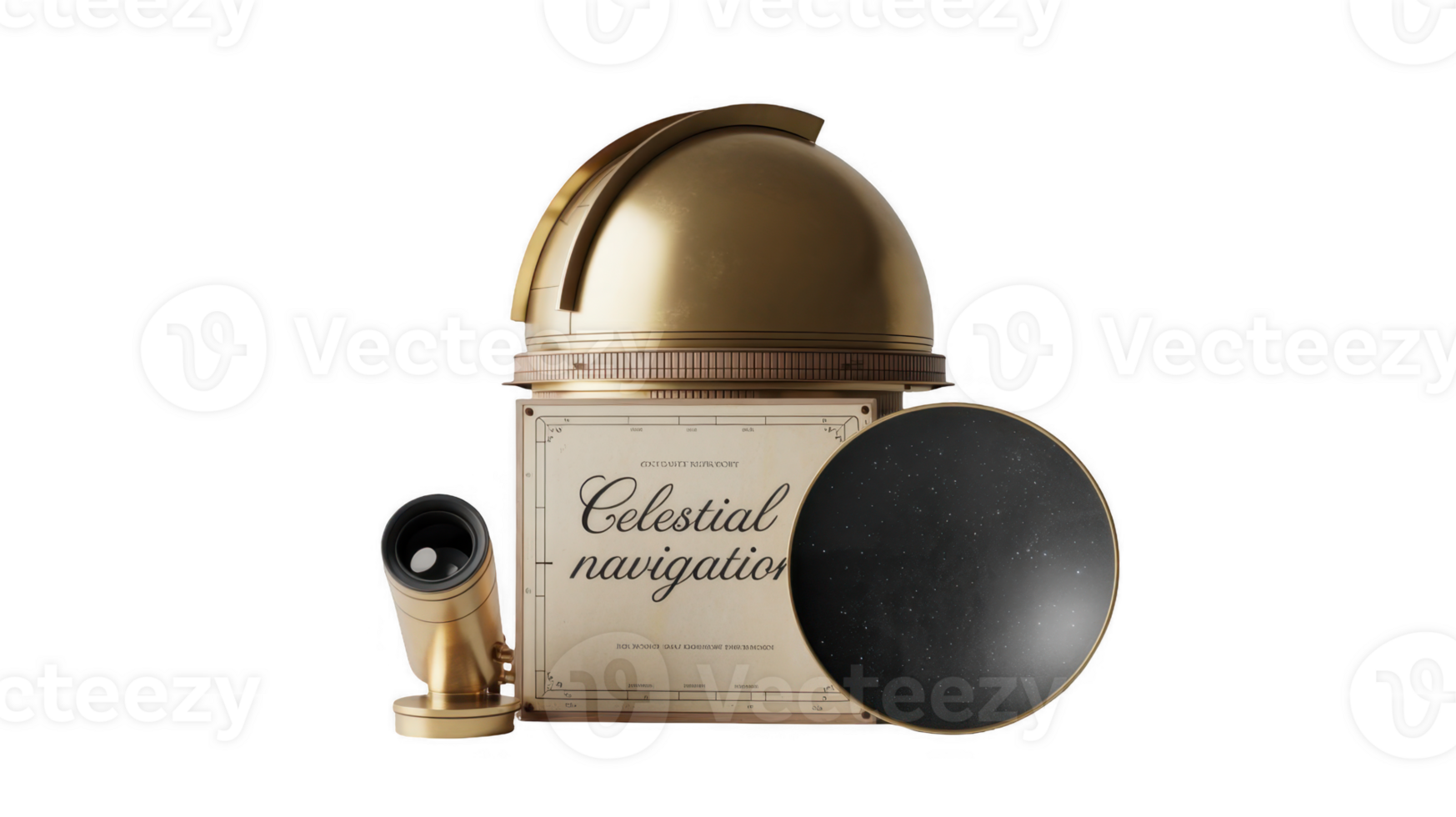 Celestial navigation equipment exploring the universe with golden astrolabe and telescope on transparent background png