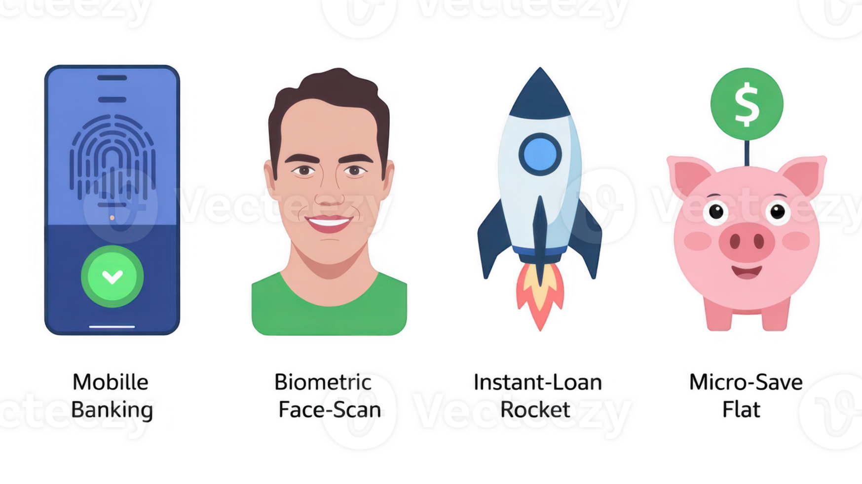 Mobile banking, biometric face recognition, instant loan and micro saving flat illustration on transparent background png