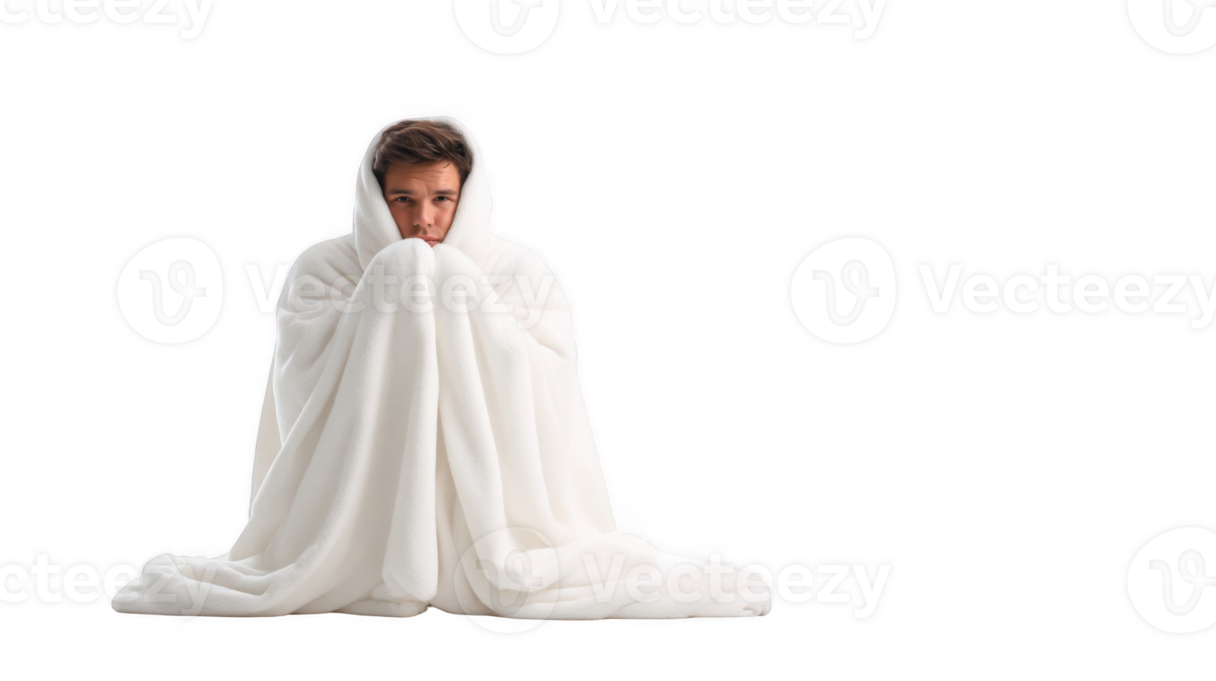 Young man sitting and covering himself with white blanket on transparent background png