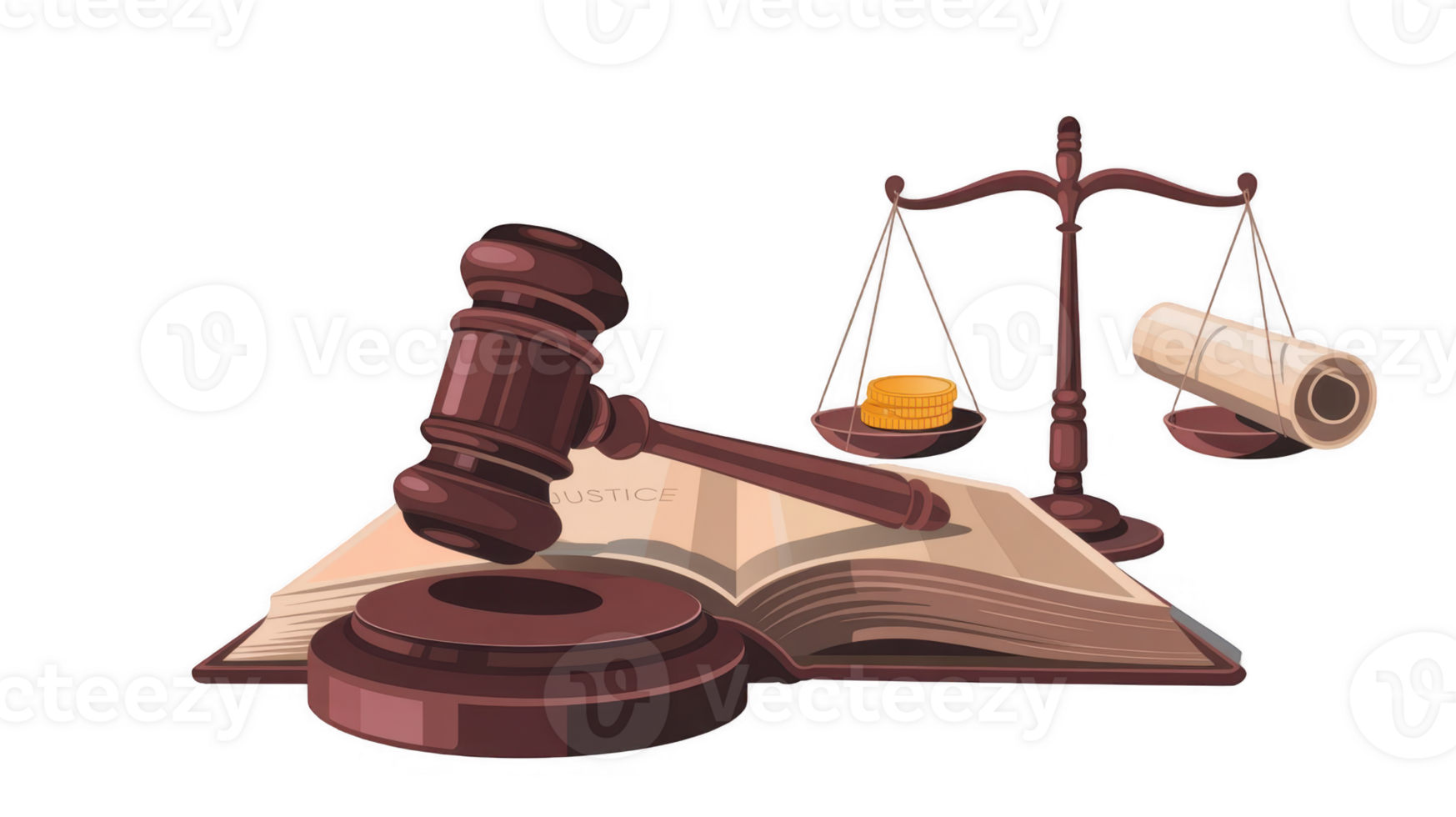 Judge gavel striking down on book with scales of justice and transparent background png