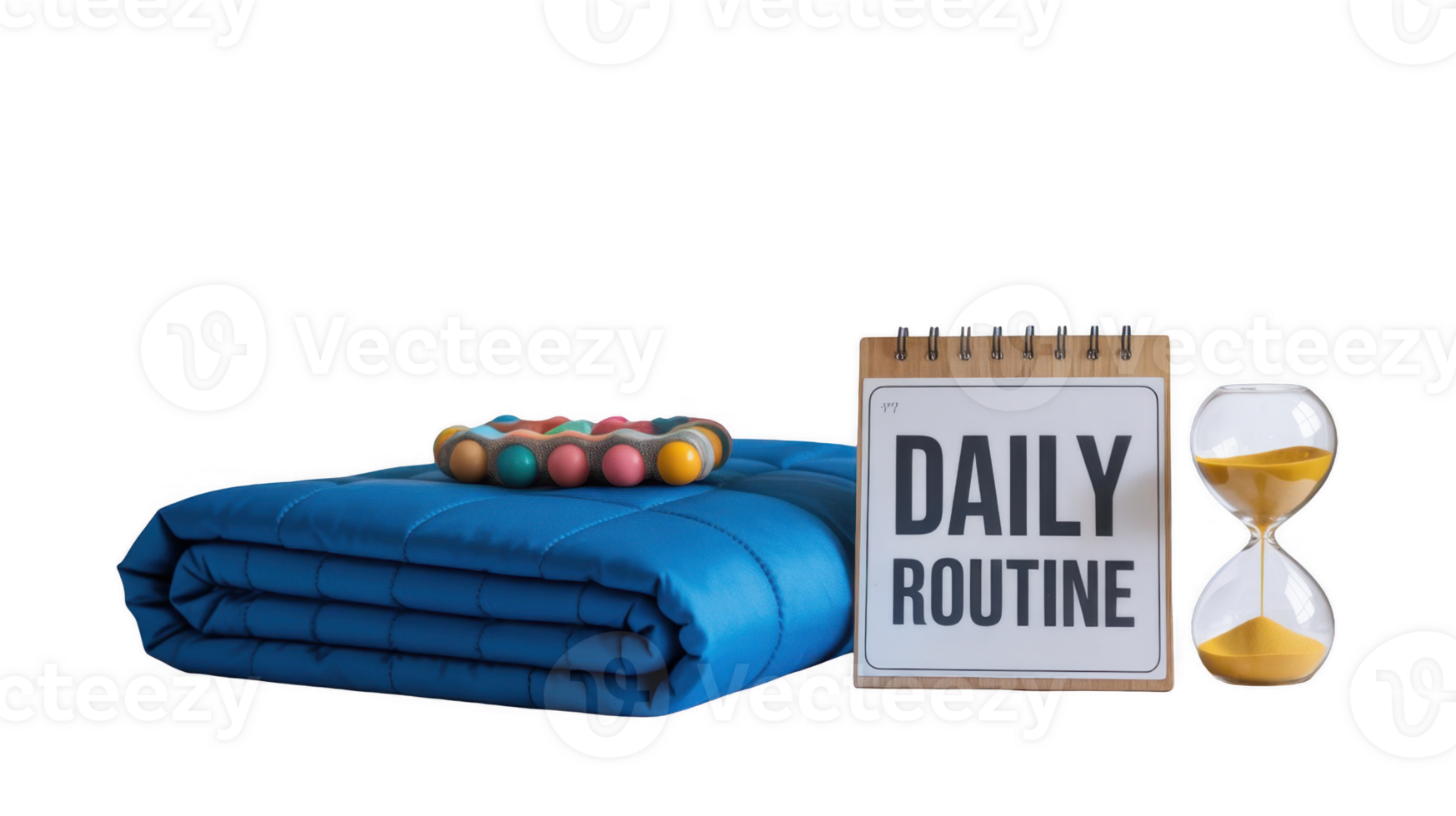 Daily routine, pop it, hourglass, and blue weighted blanket on transparent background png