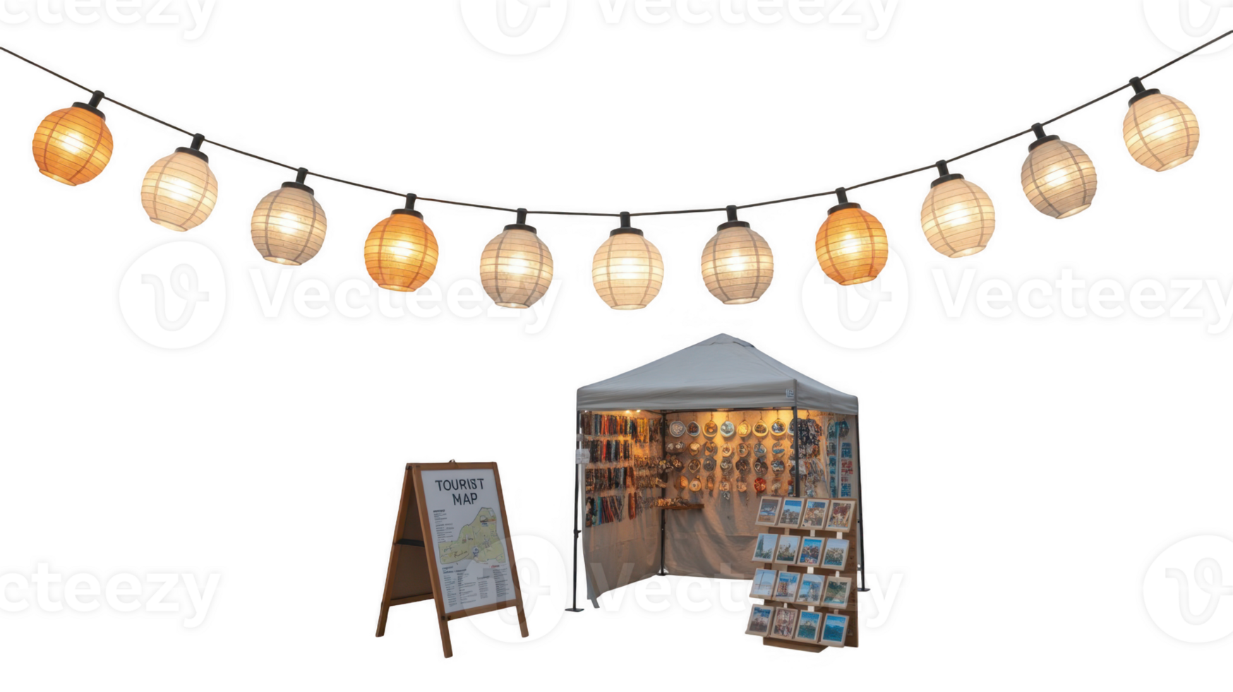 Souvenir stand with tourist map and string lights on transparent background png