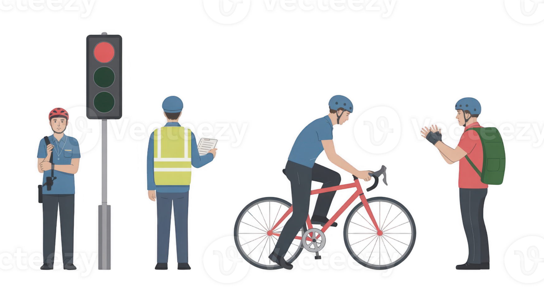 Police officer, road worker, cyclist and commuter waiting at traffic light on transparent background png