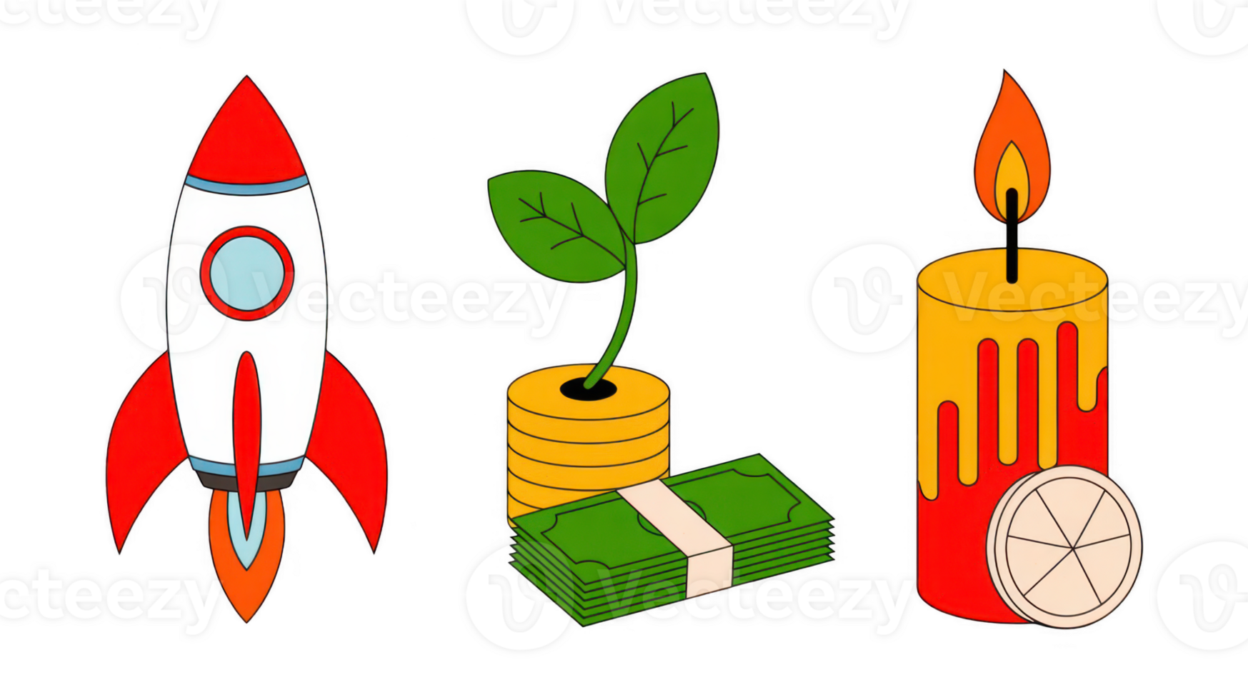 Rocket launch, growing money plant and burning candle representing startup stages png