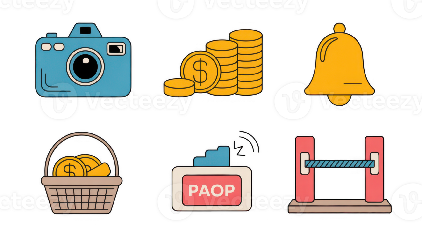 Camera, money, bell, basket, paop and turnstile icons on transparent background png