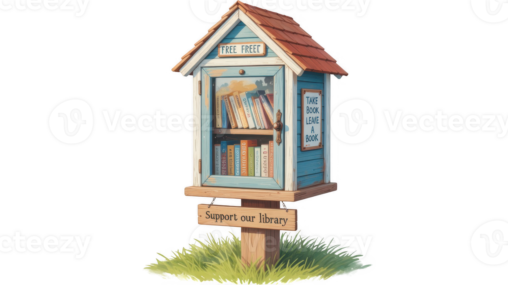 Little free library offering free books and supporting local libraries with transparent background png