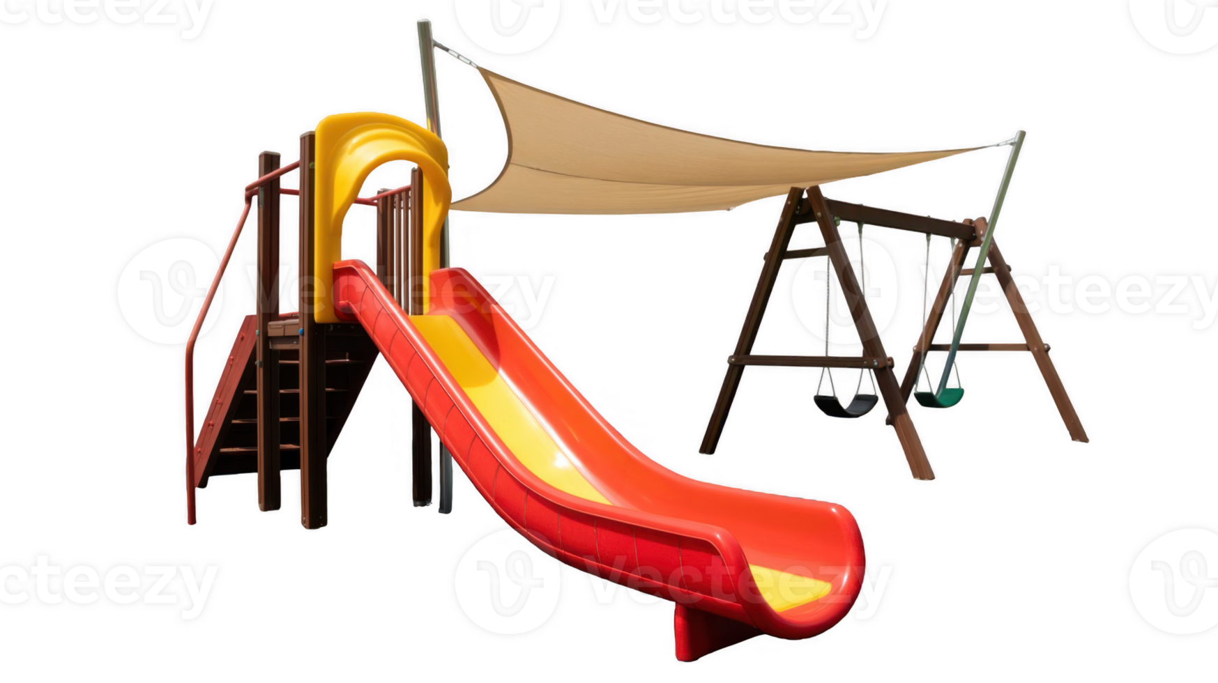 Colorful playground slide and swing set with sunshade on transparent background png