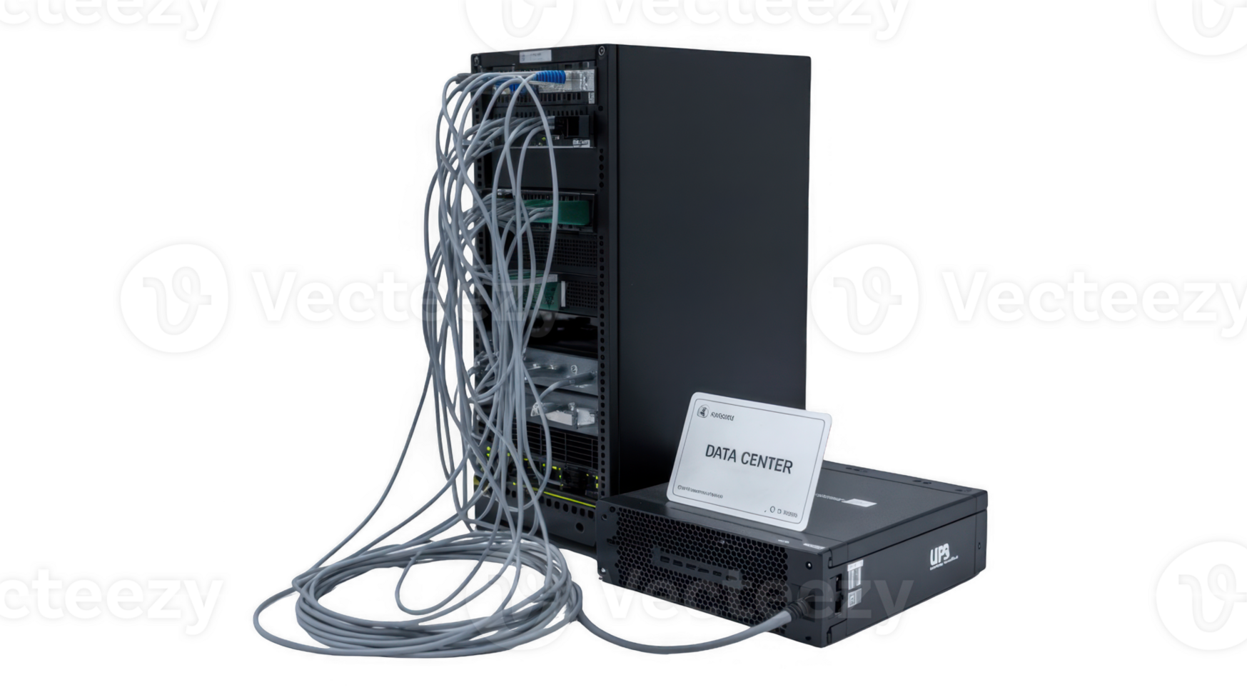 Data center network server rack with ups and tangled cables on transparent background png