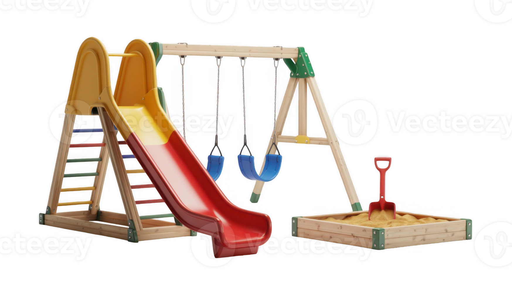 Colorful playground equipment with slide, swing, sandbox and ladder on transparent background png