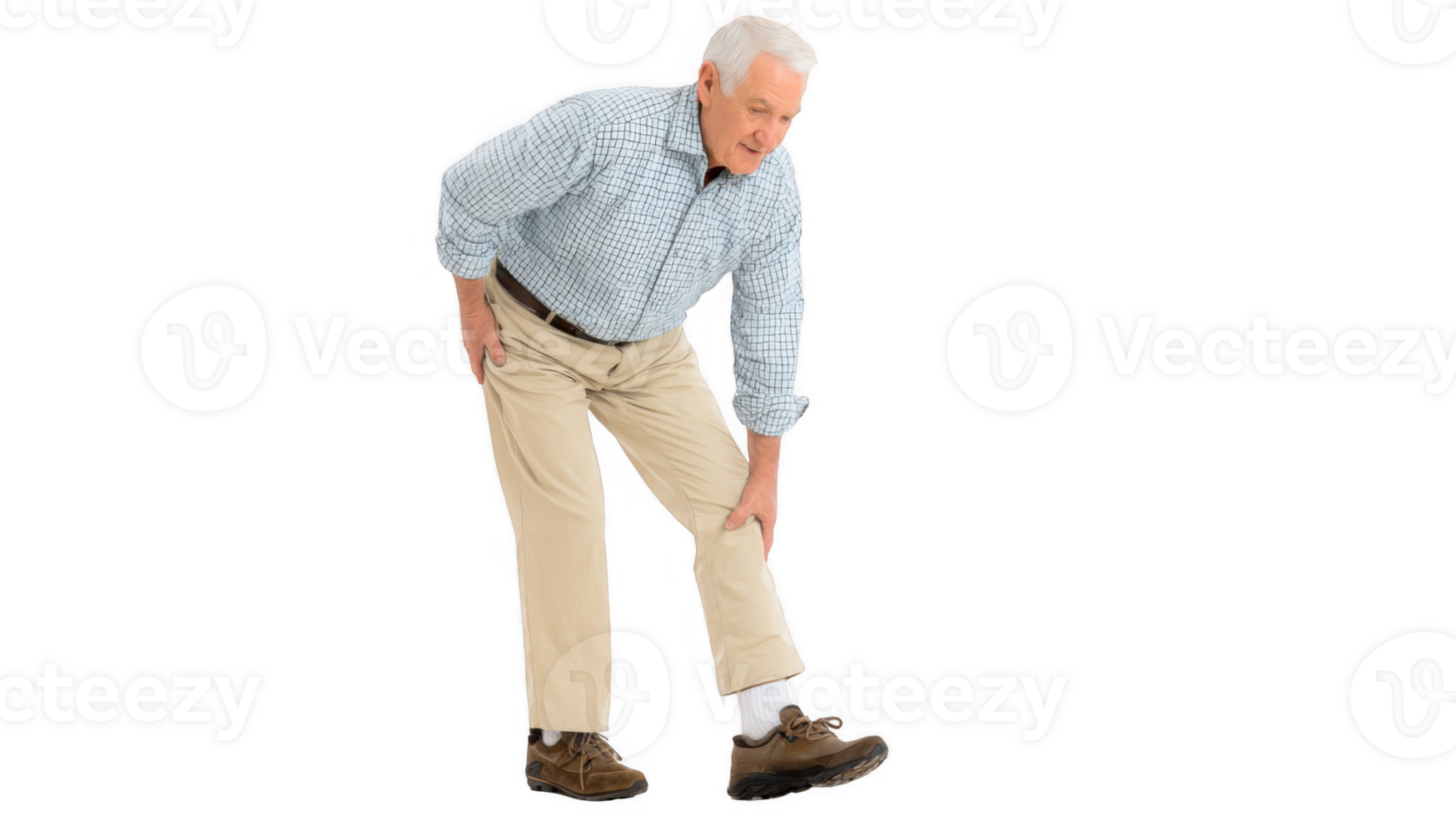 Senior man experiencing knee pain on transparent background png