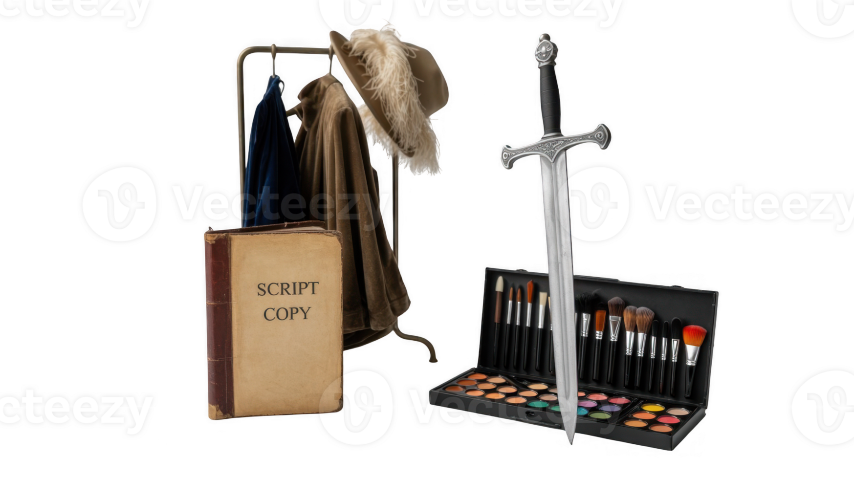 Costumes, makeup, props and script for a fantasy movie or tv show production png