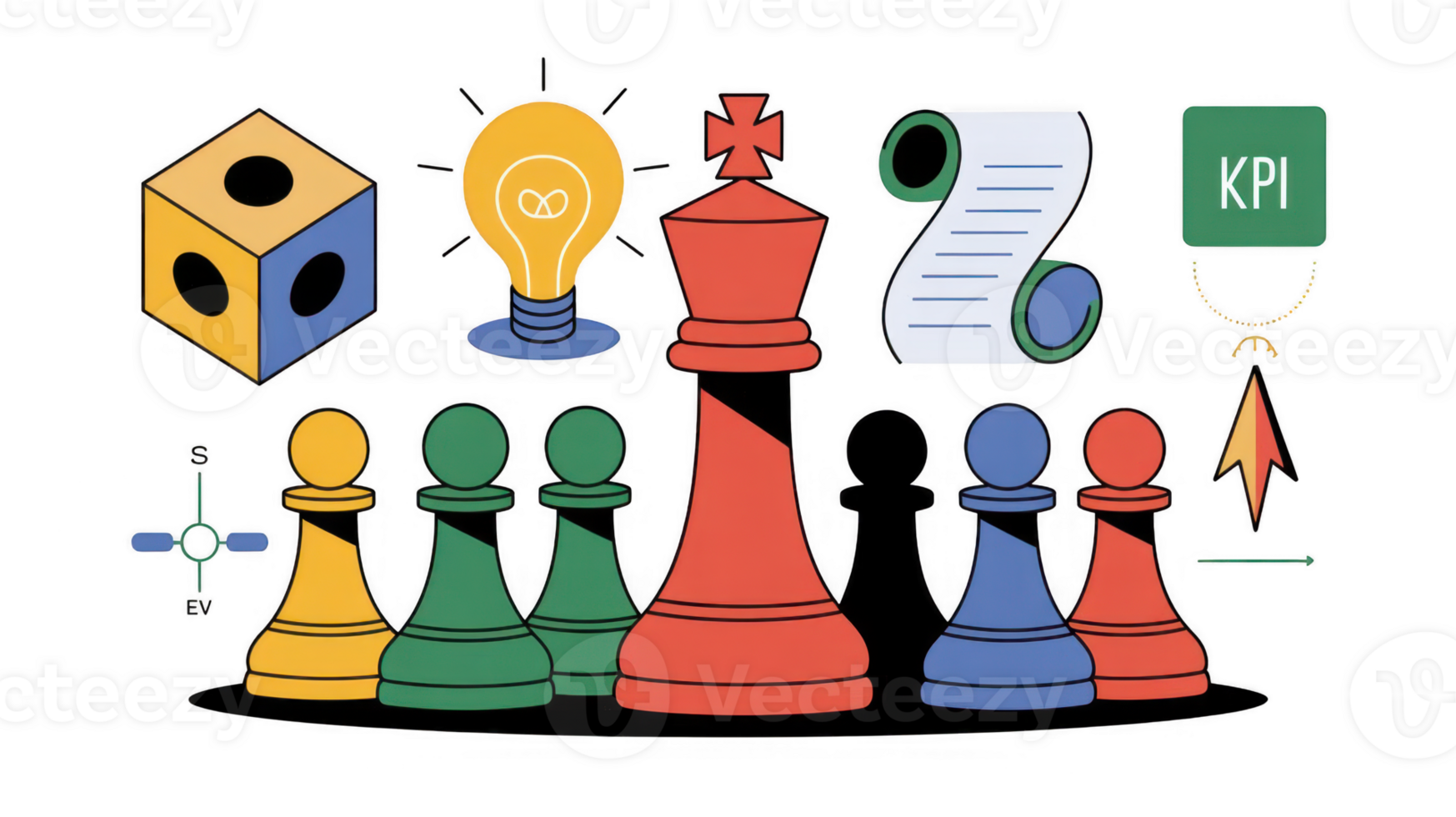 Business strategy planning with chess pieces, lightbulb, dice and kpi banner on transparent background png