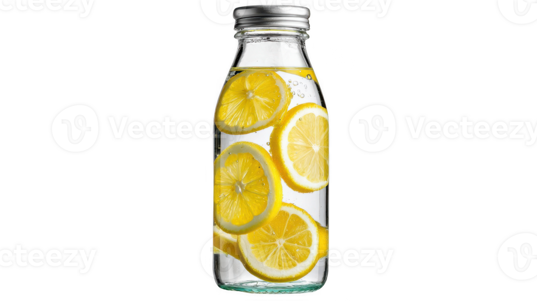 Glass bottle filled with water and lemon slices on transparent background png
