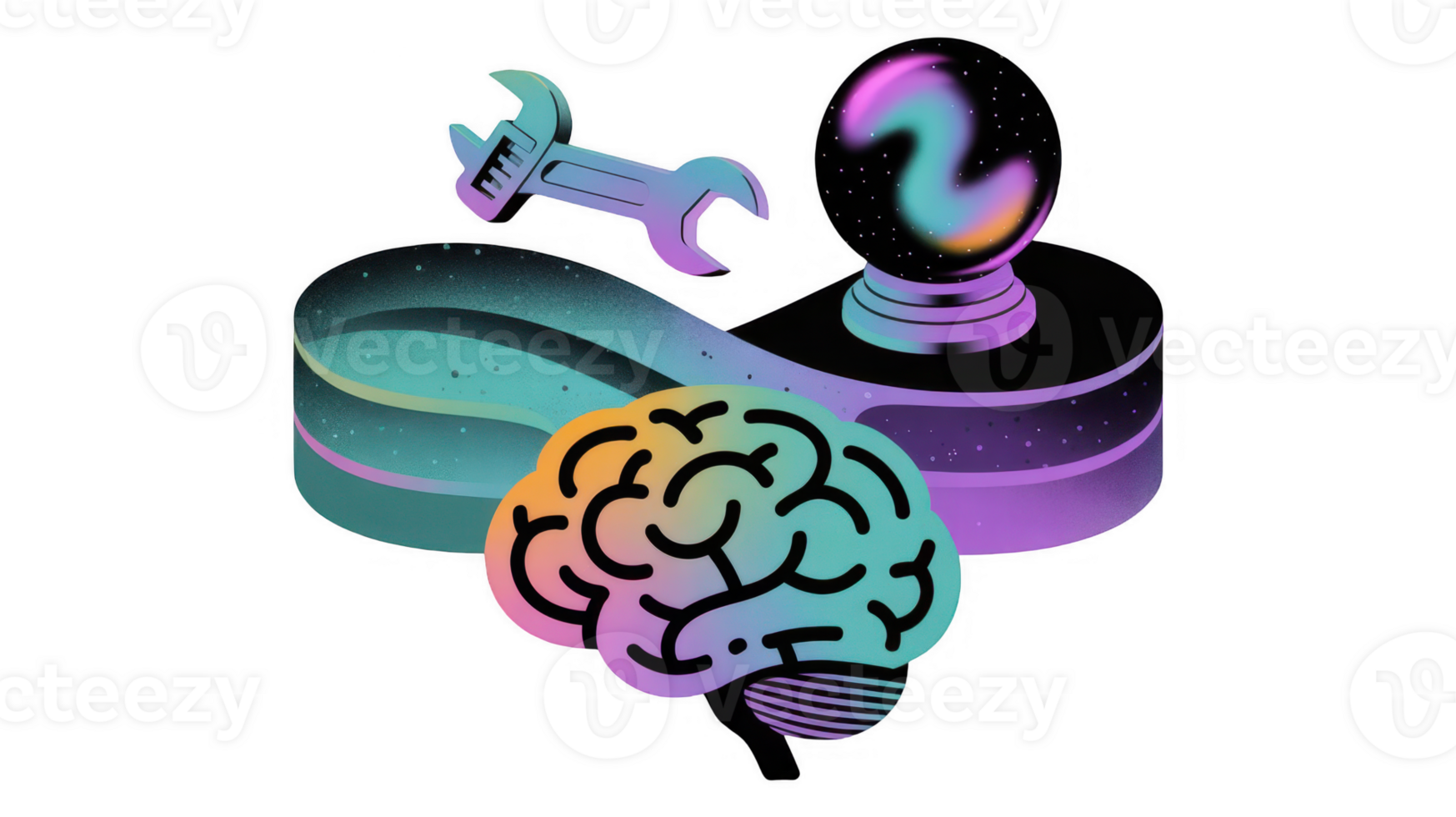 Wrench modifying brain and crystal ball on transparent background png