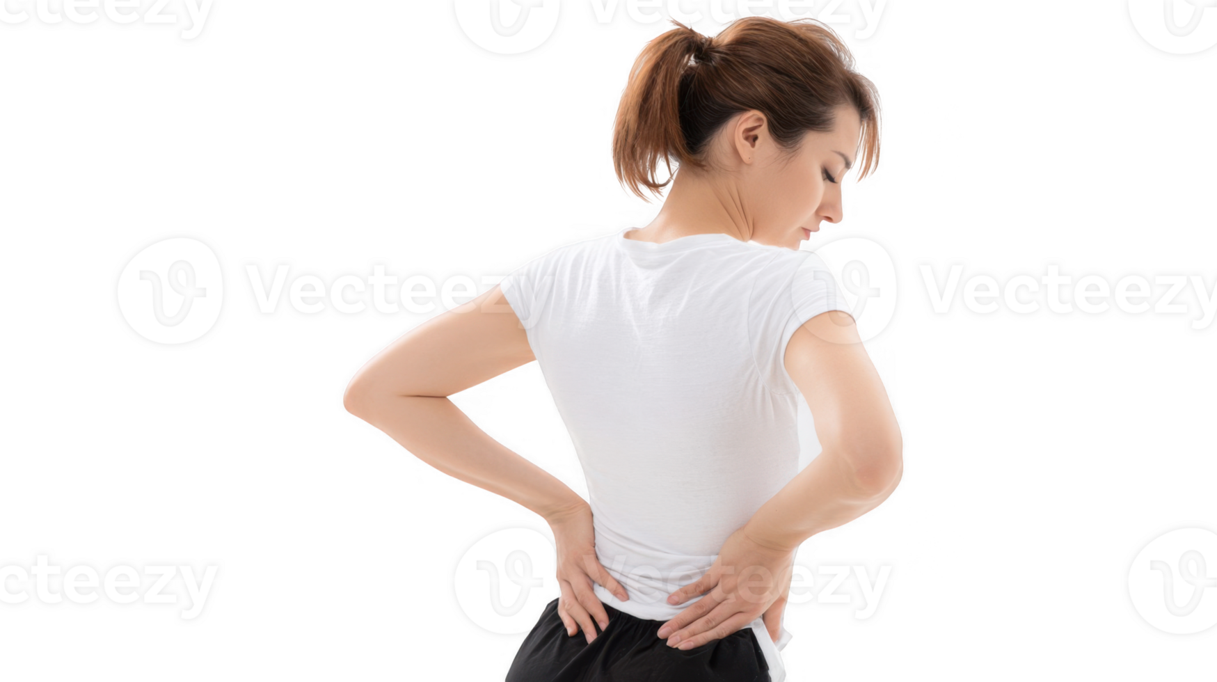 Woman suffering from back pain, isolated on transparent background png