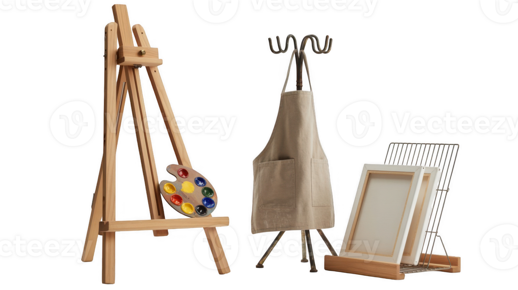 Wooden easel, palette, apron and blank canvases on transparent background png
