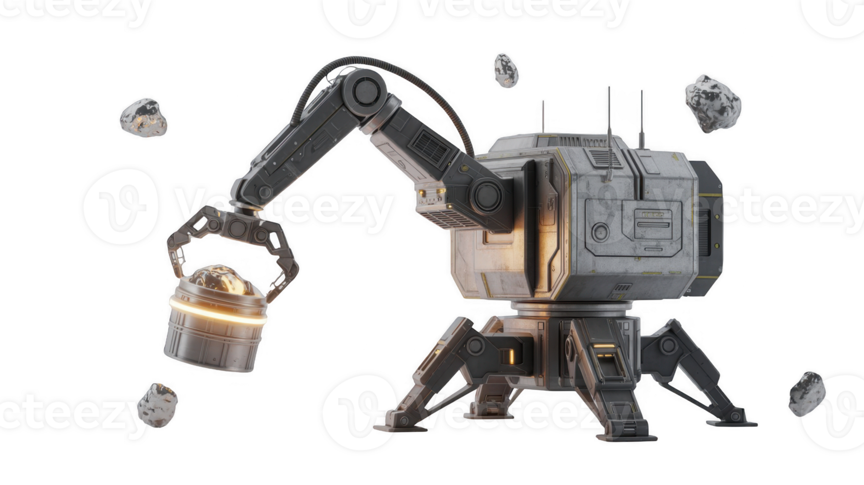 Space mining robot extracting minerals on transparent background png