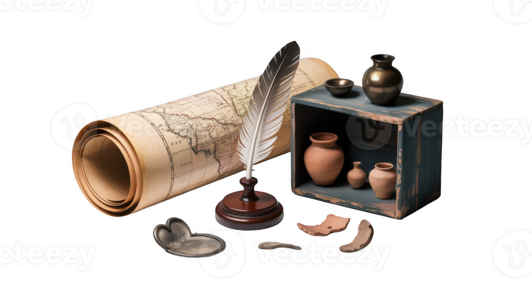 Studying ancient civilization with map, feather pen, and pottery on transparent background png
