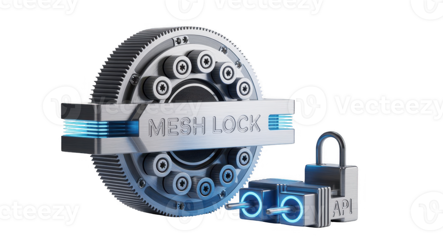Mesh lock system protecting api access with gear and padlock on transparent background png