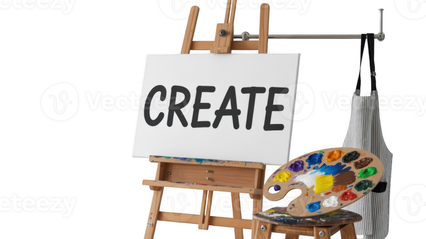 Wooden easel with white canvas showing create word, palette and apron on transparent background png