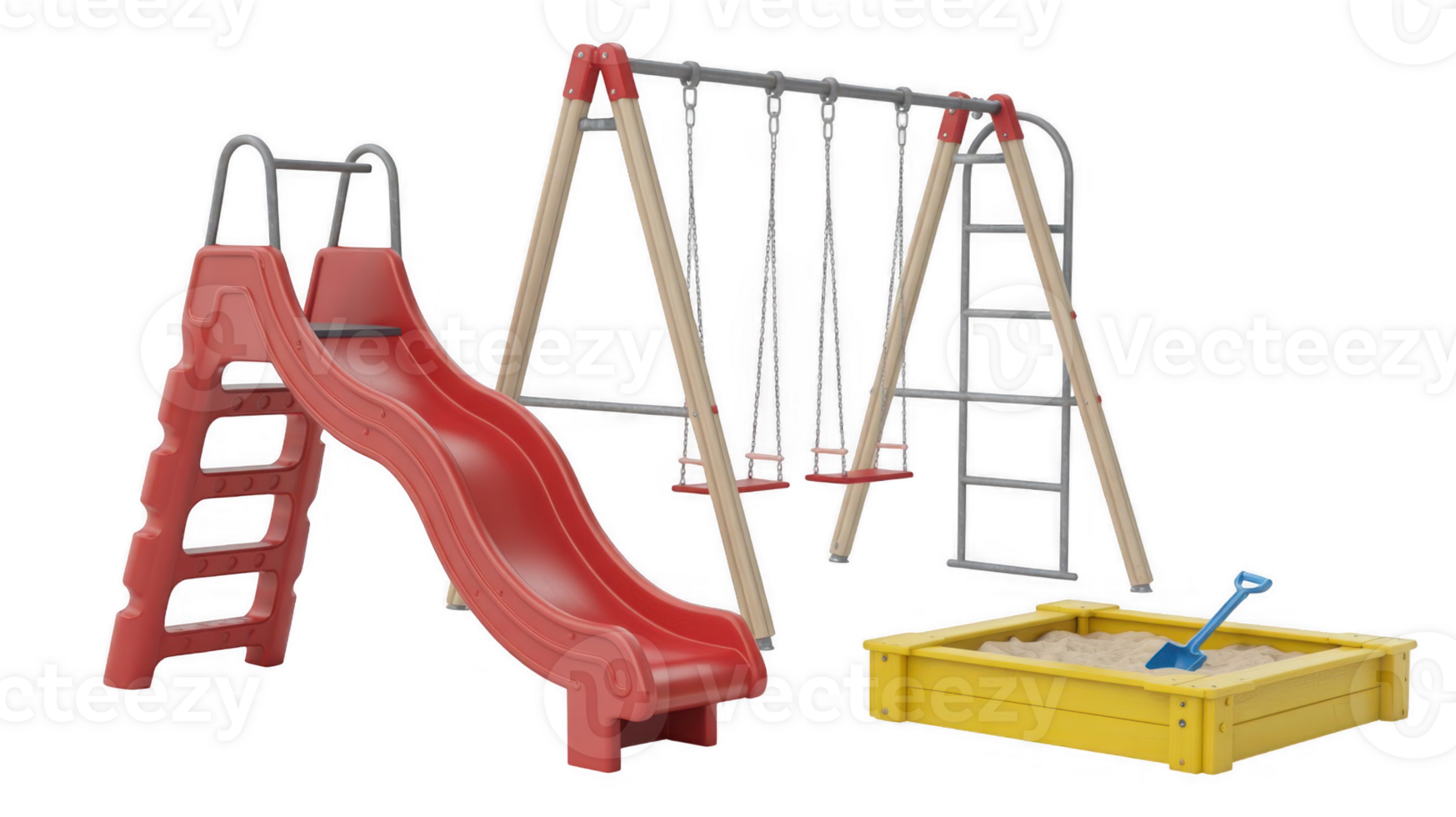 Playground equipment set with slide, swing, sandbox and ladder on transparent background png