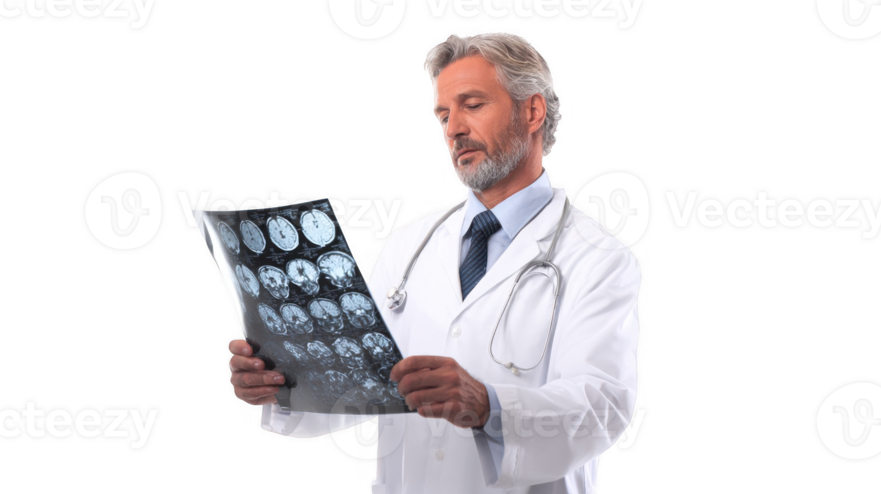 Doctor reviewing brain mri scan on transparent background png