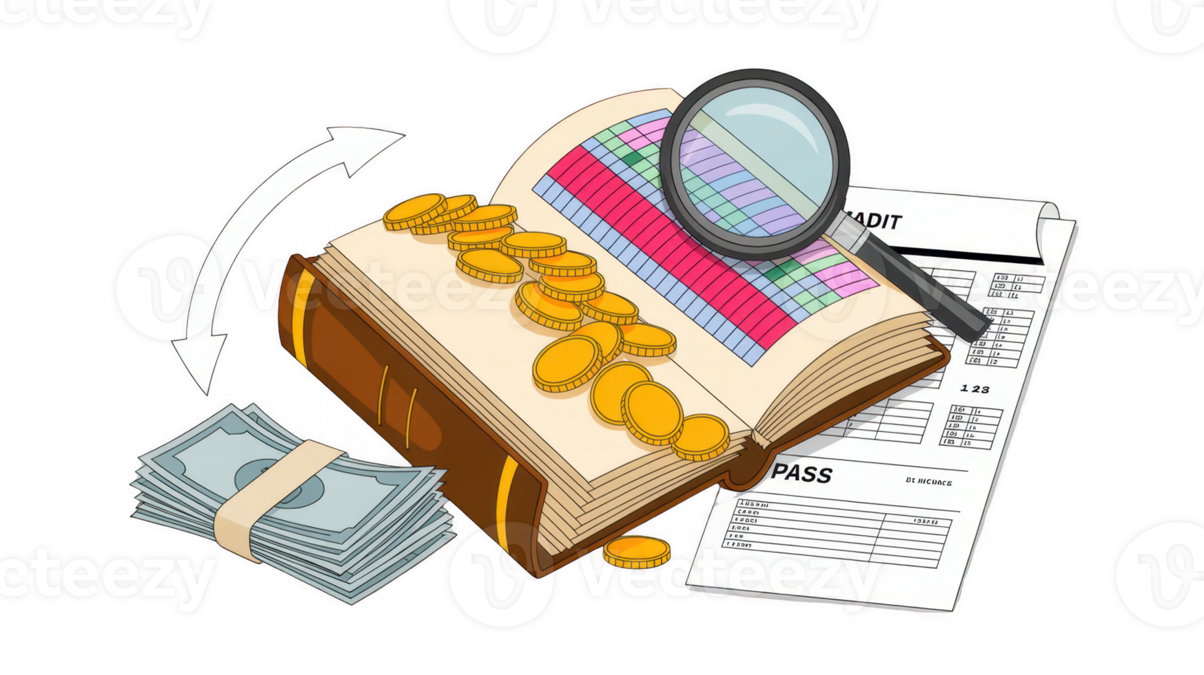 Auditing money and ledger with magnifying glass and passing audit report on transparent background png