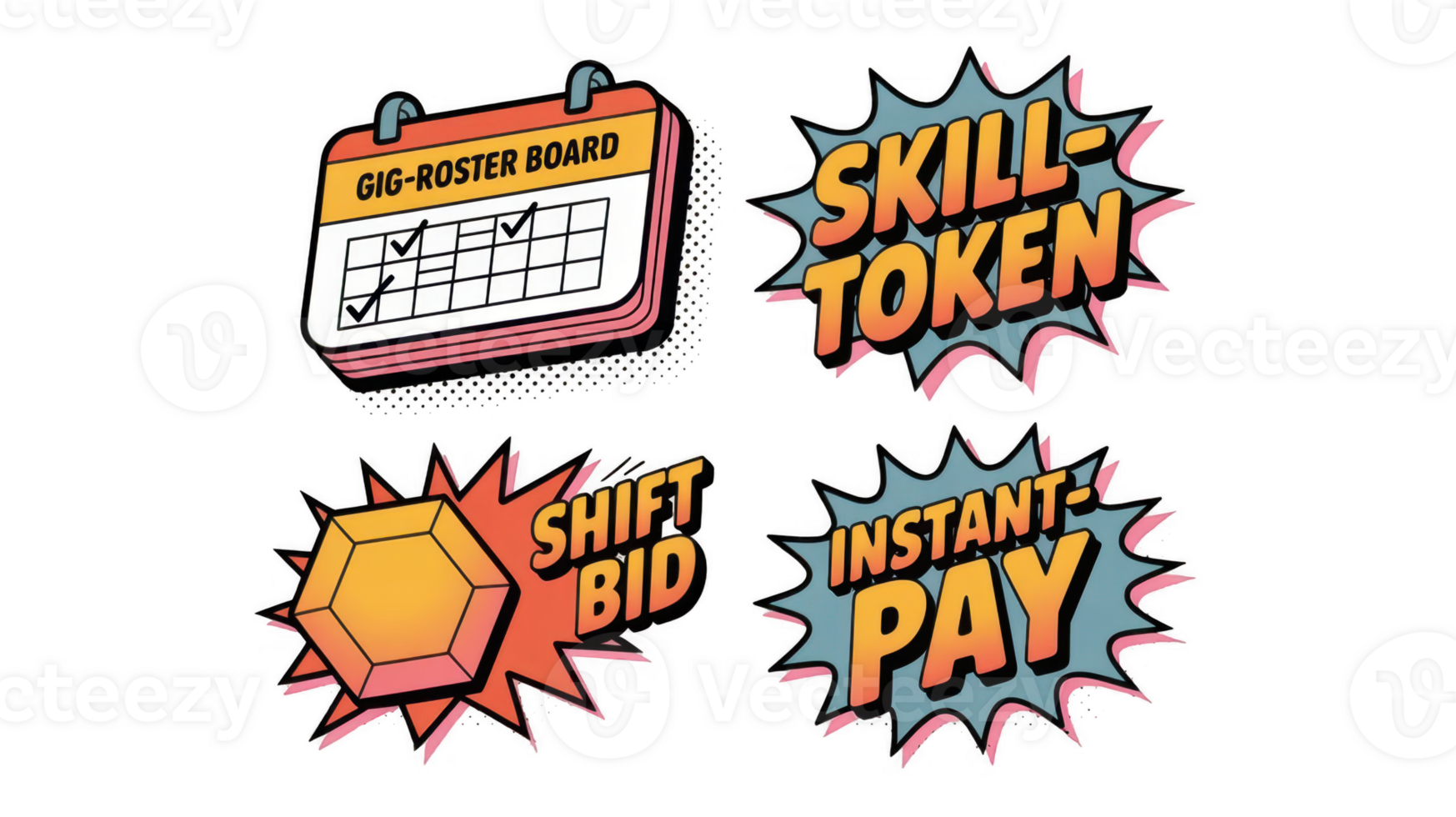 Gig roster board, skill token, shift bid and instant pay icons with transparent background png