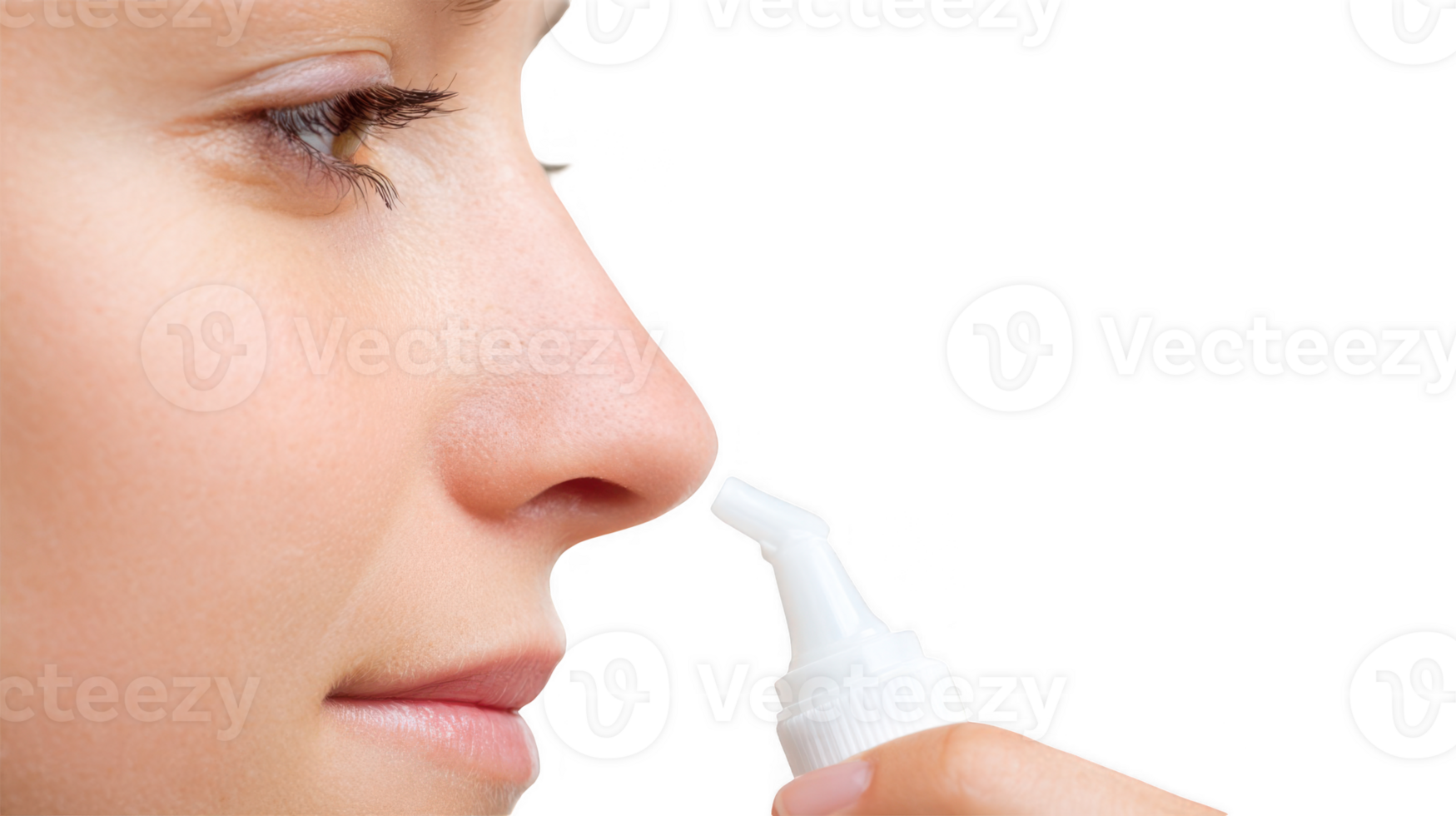 Woman using saline nasal spray for blocked nose on transparent background png