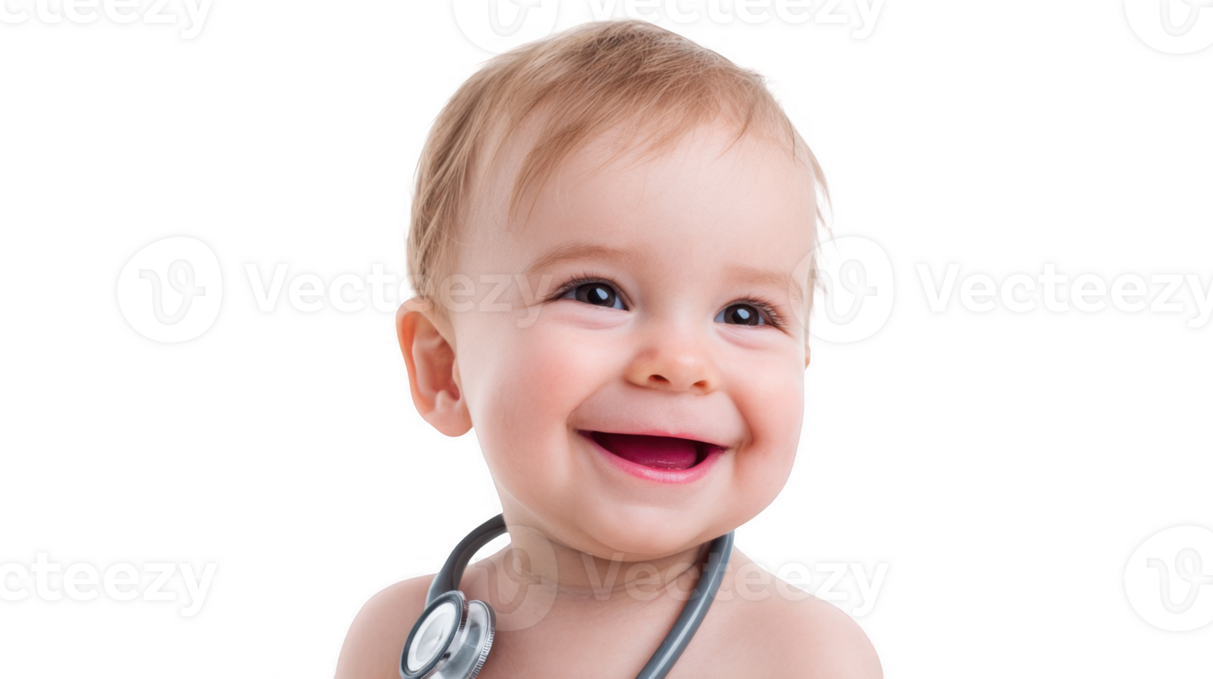 Smiling baby wearing a stethoscope on transparent background png