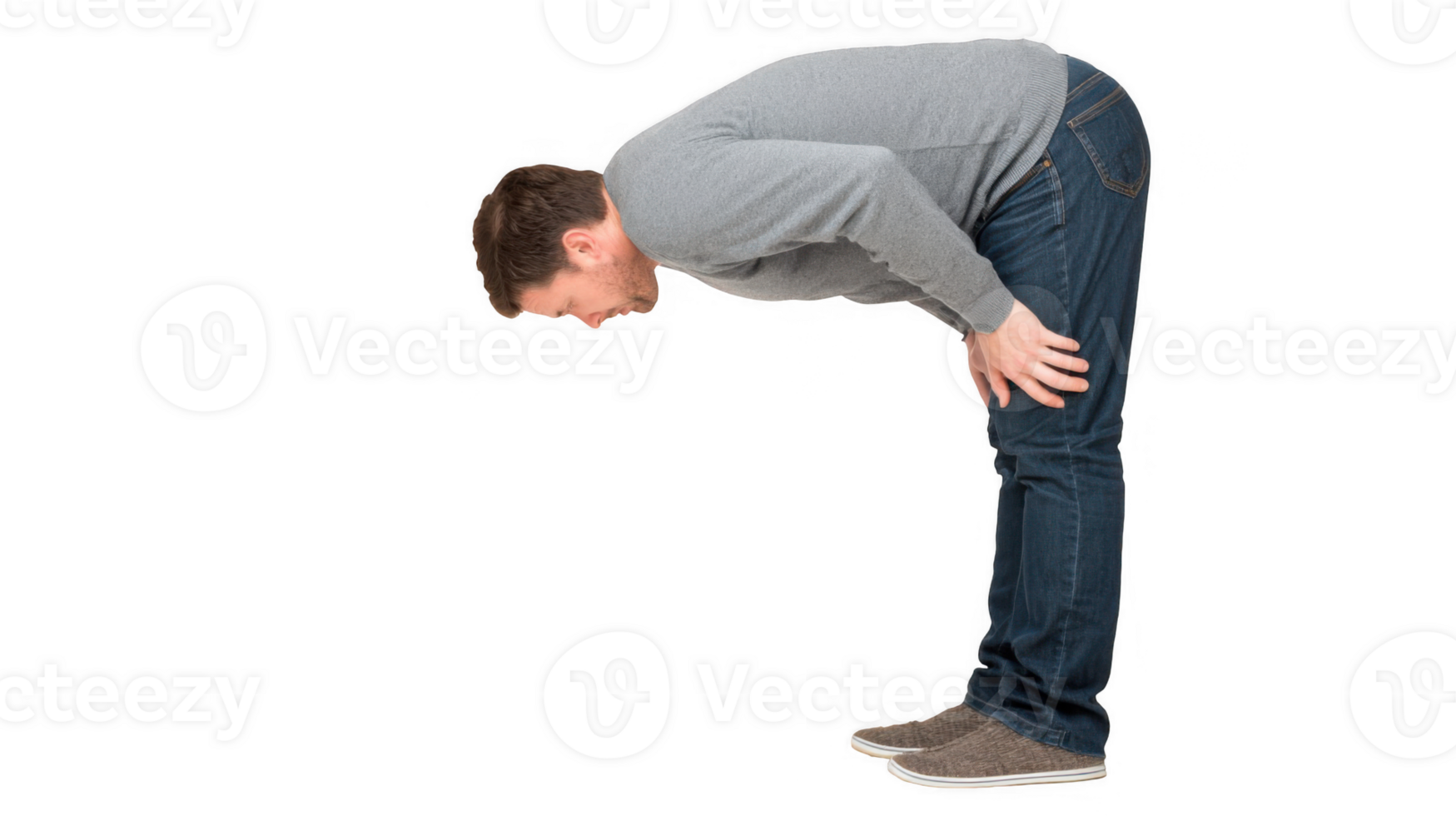 Man bending over holding his knees in pain on transparent background png